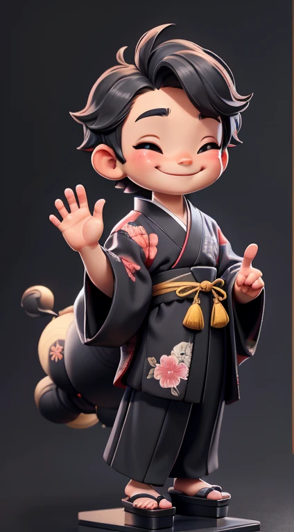 front view、full body figure、full body,, smile, Peace and love hand sign、boy,black kimono、Japanese clothing、Japanese kimono,