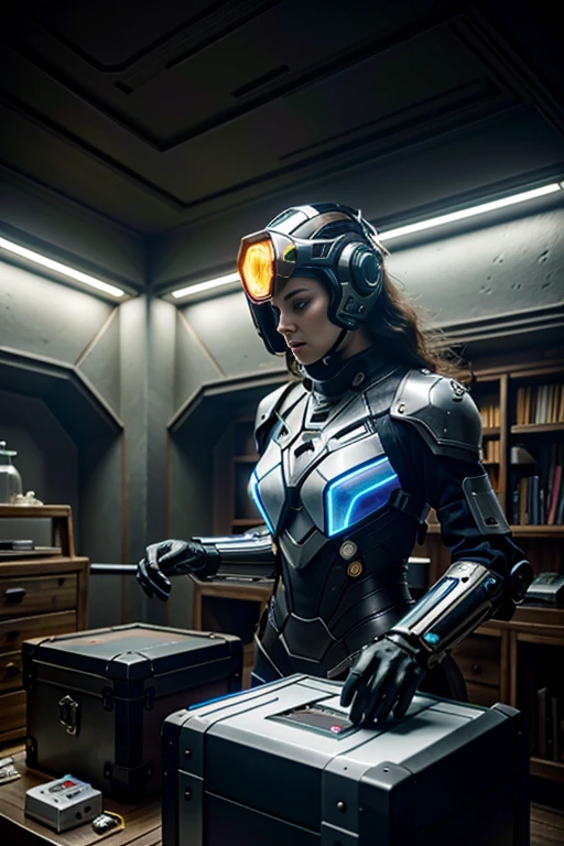 (best quality,4k,8k,highres,masterpiece:1.37), ultra-detailed, (realistic,photorealistic,photo-realistic:1.37), (aerial view), (top down perspective), 1woman, (the foreground is a woman pulling a video game cartridge out of a futuristic artifact box full of video game cartridges:1.6), (the woman is looking down:1.4), (Futuristic artifact box), (the artifact box is open), (The scene unfolds inside a mystical cavern:1.4), robot joints, mecha musume, (The woman is wearing a cyber suit made with glass details, covering her entire body:1.5), gatchaman, (She has a helmet glass visor:1.4), (dynamic angle:1.37), headgear, mechanical parts, (The woman's headgear is made of fractal mechanical parts:1.4), (fantasy and sci-fi mixed:1.37), holographic glitch effects floats around the woman, vibrant colors, (A blue glow emanates from inside the treasure chest), glowing lights, (abandoned machinery), (there are video game cartridges and consoles on the background), mystical creatures, (there are crystal formations spreading on the background), (futuristic technology), (ancient artifacts), mystical energy, vibrant retro aesthetic, atmospheric lighting, ancient ruins, mysterious symbols, lush vegetation, nostalgic atmosphere, epic adventure, delightful surprises