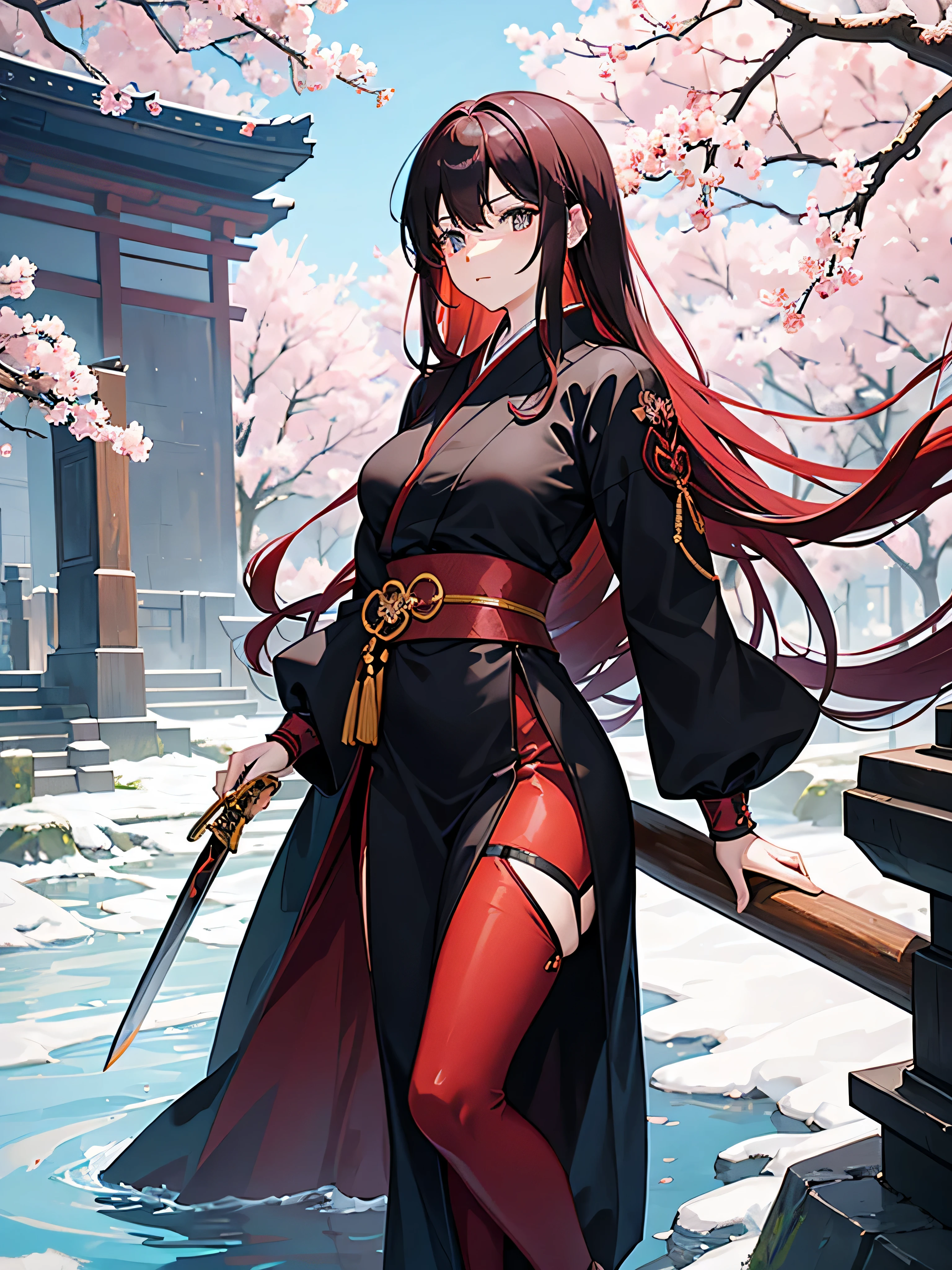 Japan warrior girl in black dress, with red hair, cherry blossoms, long sword, meditating