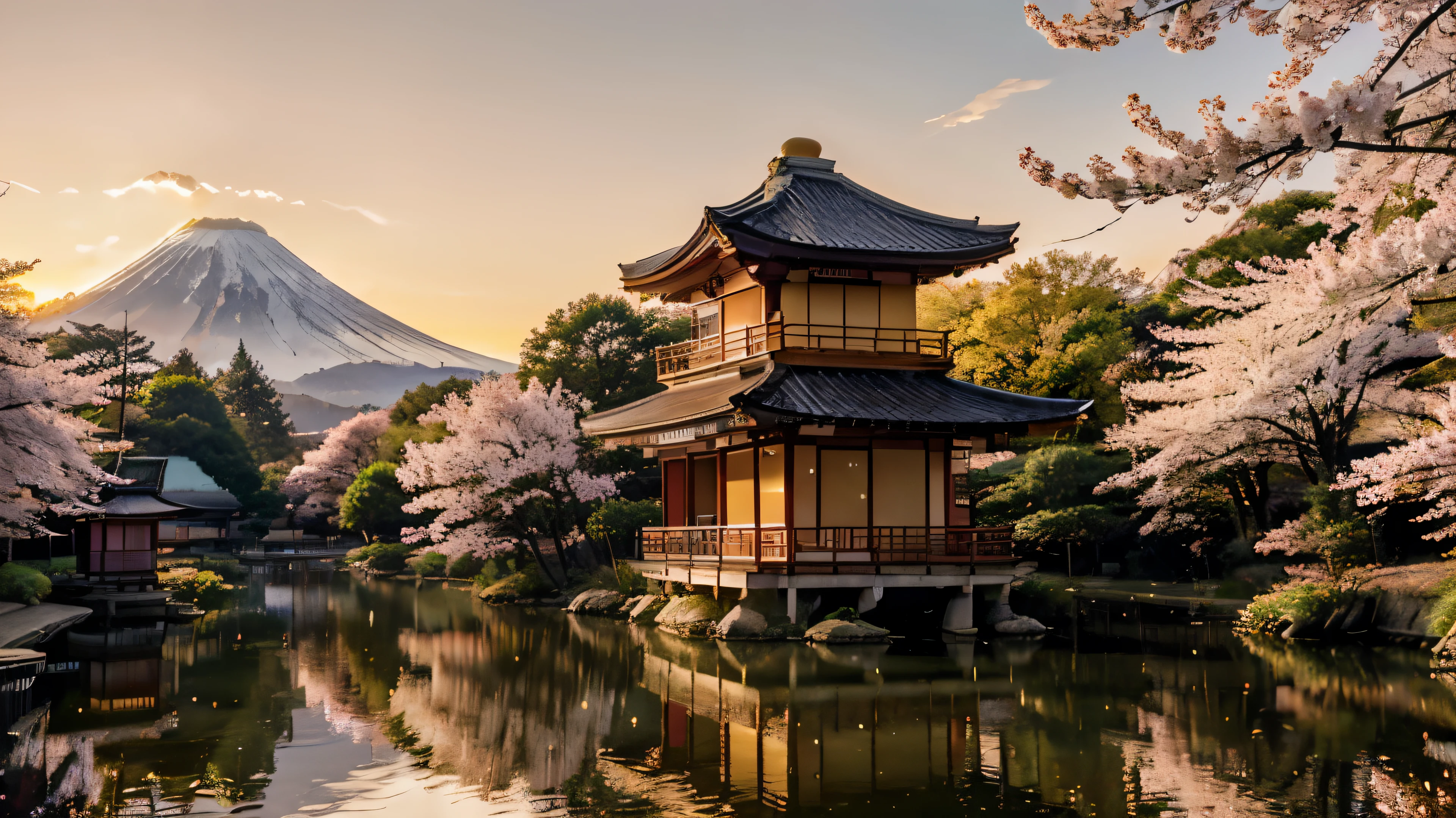 Beautiful golden sunrise Japanese scenery with Temple of Golden Pavilion, (((sunrise))), crowded, golden sunlight, sunrise, lake, full of people, Mount Fuji in background, cherry blossom trees and flowers, people walking around in traditional attire, petals falling from tree, ((golden light)), photorealistic, 8k render, mood lighting, cinematic, scenic picture, cherry blossom trees, cherry blossom flowers blooming