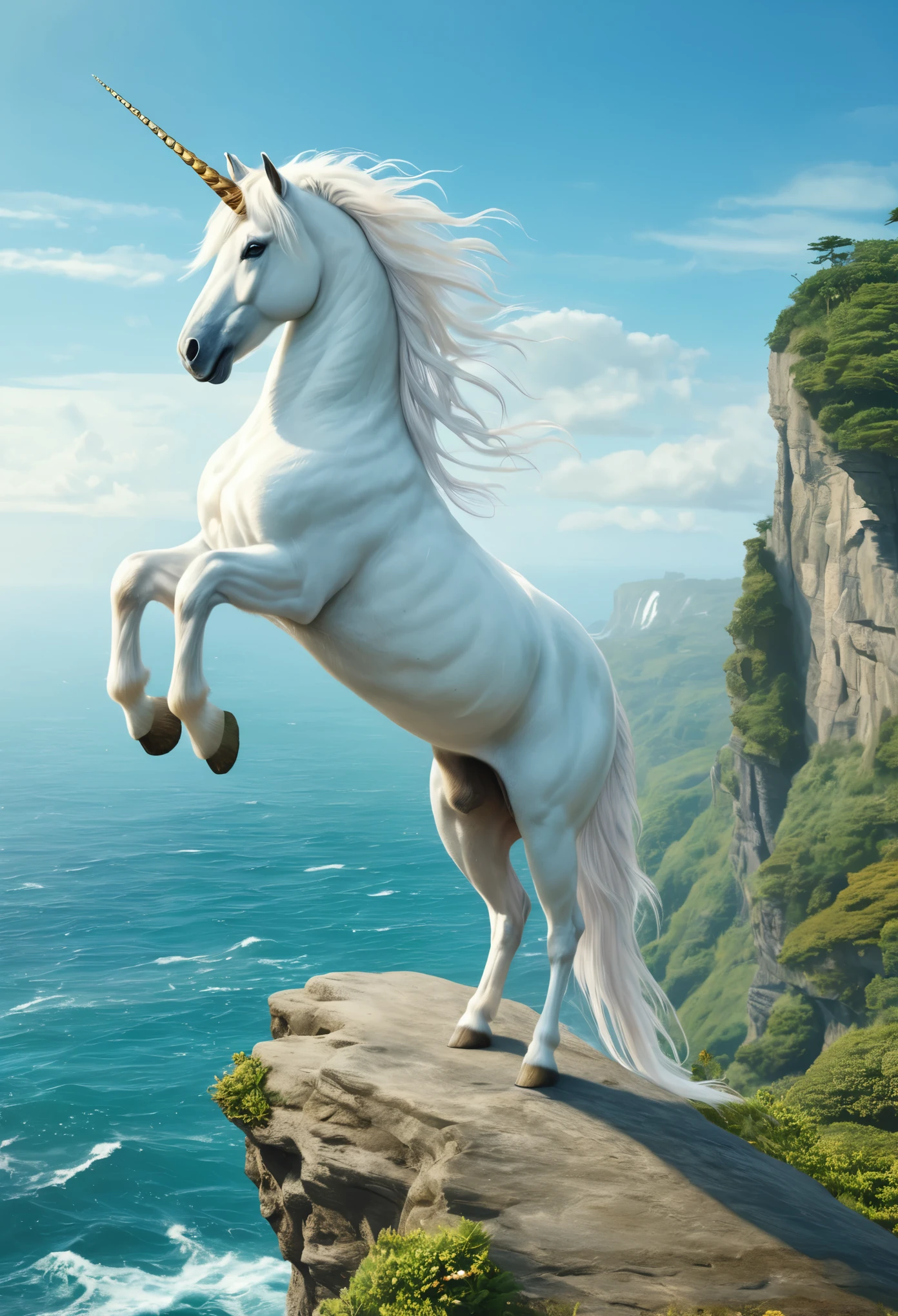 Masterpiece, realistic, a white Unicorn with long poytail standing on a cliff, realistic ocean in the background