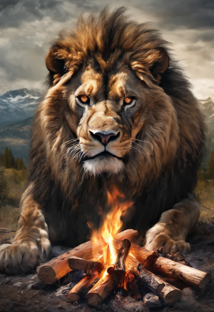 Oldschool drawing mountain landscape campfire angry lion with piercing gaze and highlighted color
