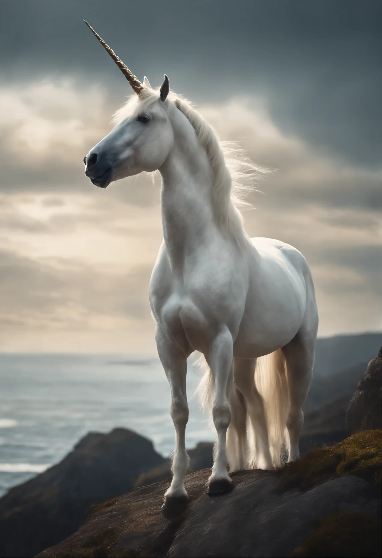 Masterpiece, realistic, a white Unicorn with long poytail standing on a cliff, realistic ocean in the background