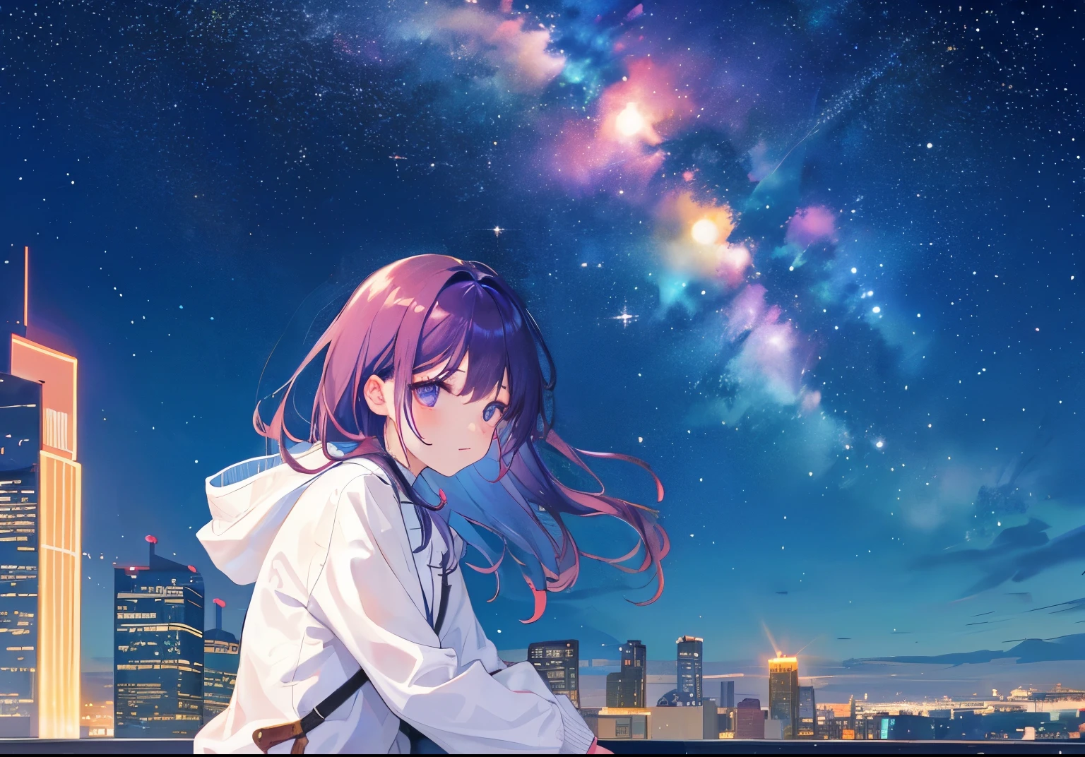 Girl looking at the night starry sky in the city