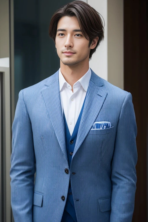 Striped light blue suit、 30-year-old handsome employee、Hair is neat.No short beard.no beard. (Super handsome S-class suit guy)、 Japanese 30-year-old man、 merchant、 Ultra-luxury set、 office、 Stand up in a suitSyoung handsome man、 Full body image、 (CG Unity 8K high-detail photos)、 (a very detailedSThe handsome guy in the class)、 (Photos are real)、 ((top quality))、 Super detailed、 (Masterpiece)、 Ultra high quality、 High、 audience、 gentleman、 very beautiful hair、 short hair、 bright photos、 As handsome as a model、 As handsome as an idol、 Luxury watches、 cool zone、 Japanese