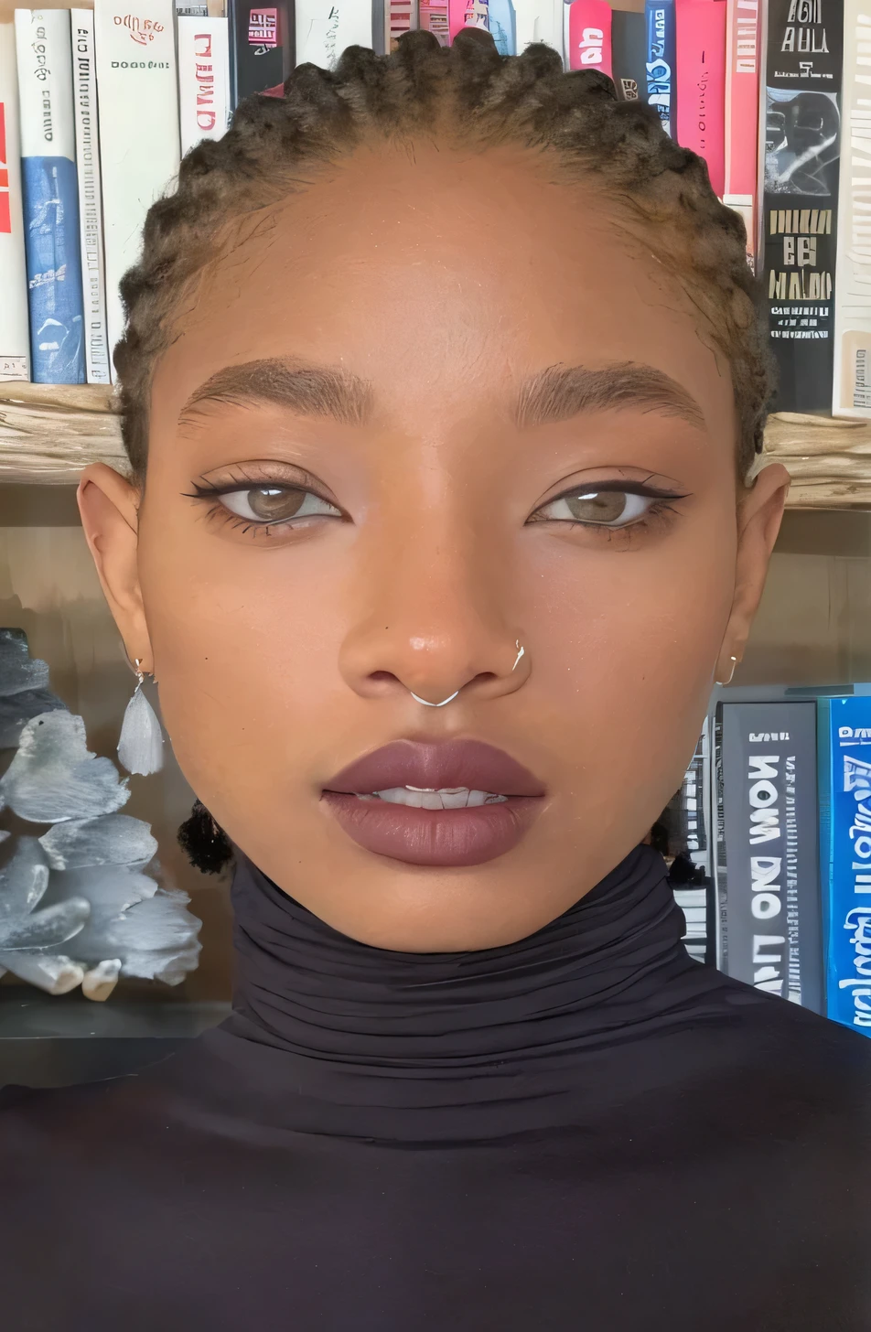 mulher arafada com gola alta preta e blusa preta, retrato de salgueiro ferreiro, retrato salgueiro ferreiro, salgueiro ferreiro jovem, Ashteroth, ela tem pele morena oliva, rosto pontudo e olhos cinzentos, with very thin lips, flawless detailed face, com pele morena, with symmetrical facial features, with shiny black lips, no estilo de Tyler Mitchell