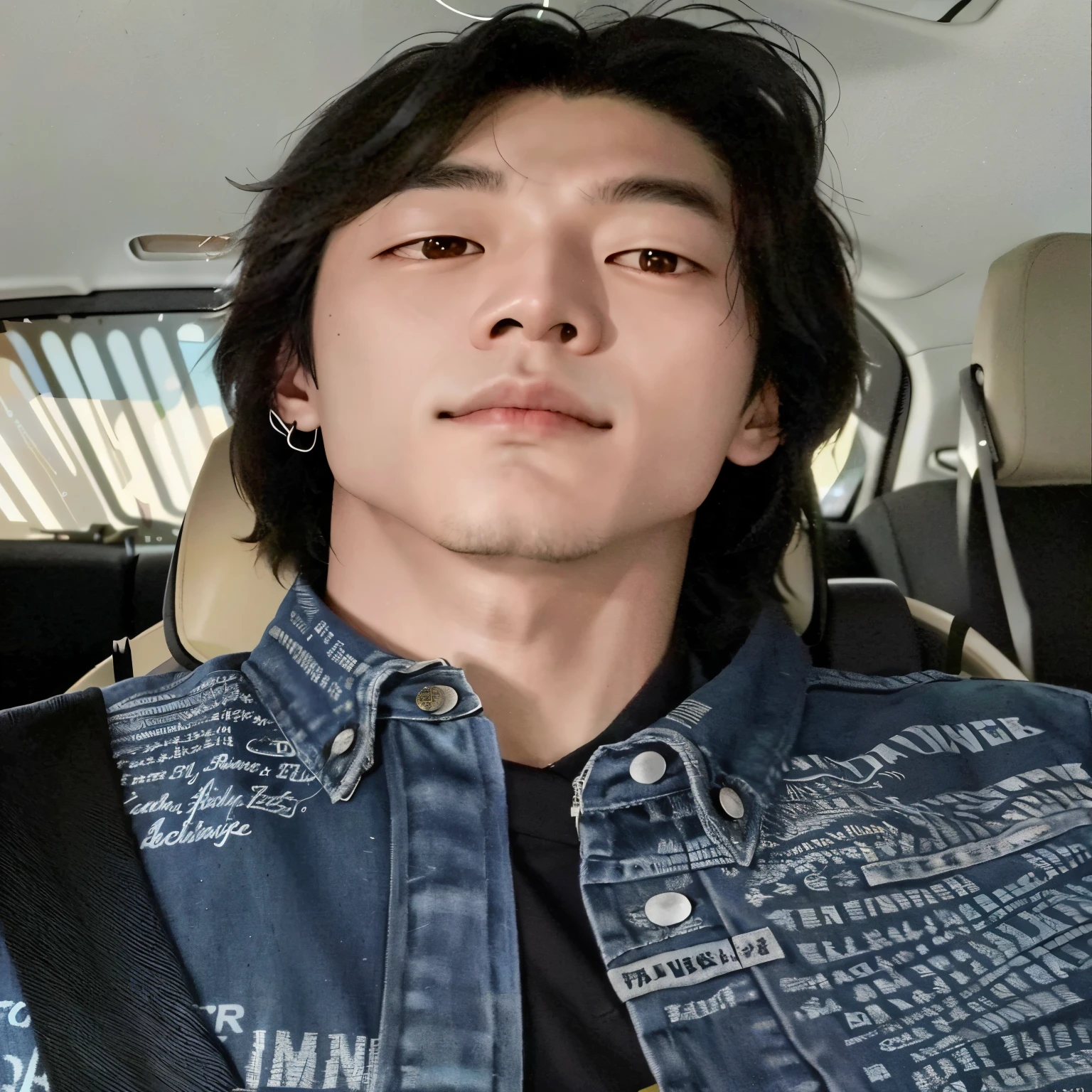 There is a man in a denim jacket sitting in a car, cai xukun, hyung tae, taejune kim, Jinyoung Shin, taken at the beginning of 2020, Steven Jung, Hong junho hyung, araki, XQC, imagem de perfil, Kim Doyoung, Jungkook, Seseon Yoon, androgynous face, hyung tae kim