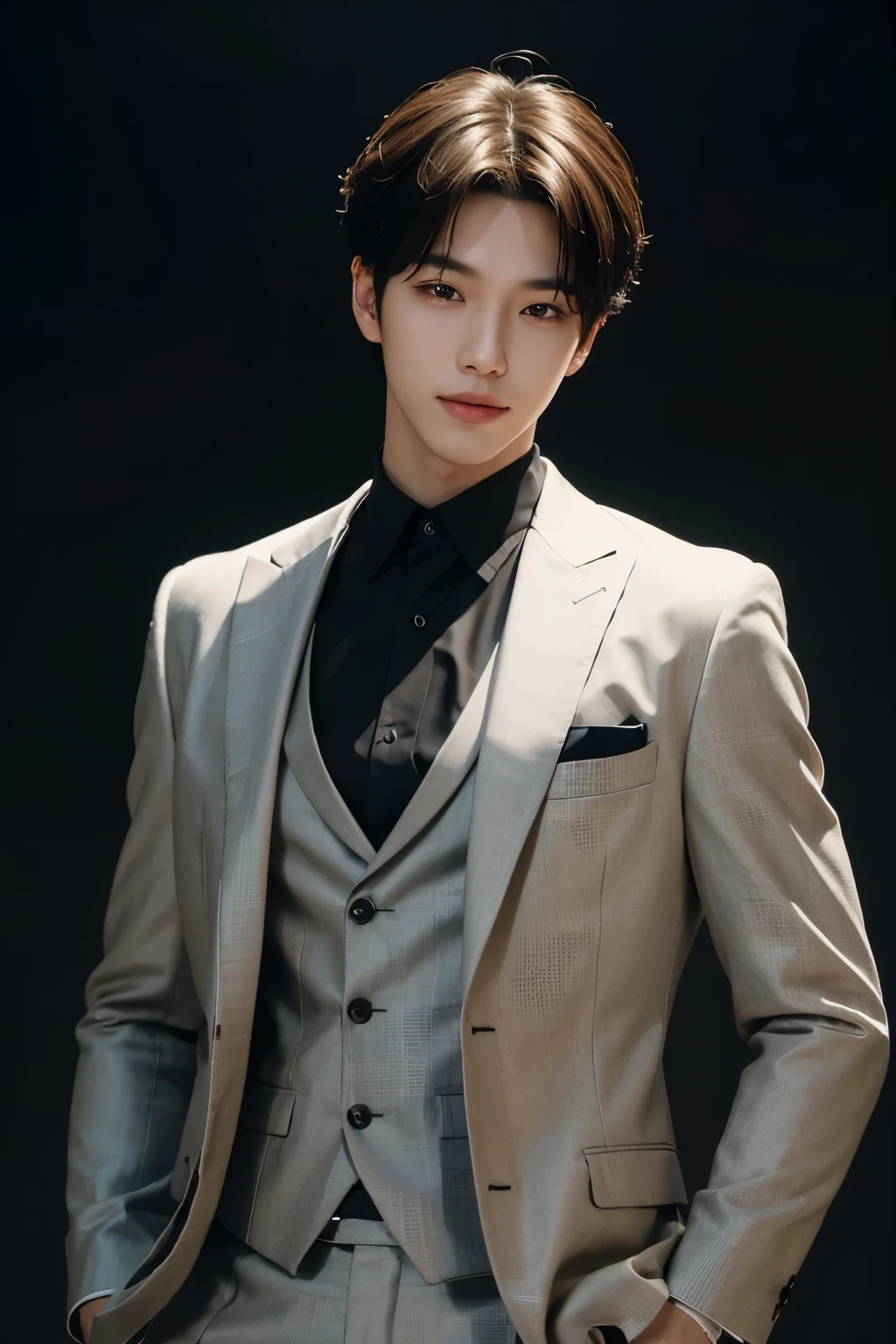 Incredible high-resolution(8k), ultra-detailed portrait(1.2) of a K-pop idol boy(1.1) in a studio setting. The lighting is set up in such a way that there is a dramatic rim light(1.1) illuminating the boy's face, creating strong shadows and contrasting against the black background. The boy is seen wearing a sophisticated suit, exuding a sense of elegance and style. His smile is charming and flirtatious, adding a touch of playfulness to the overall composition.