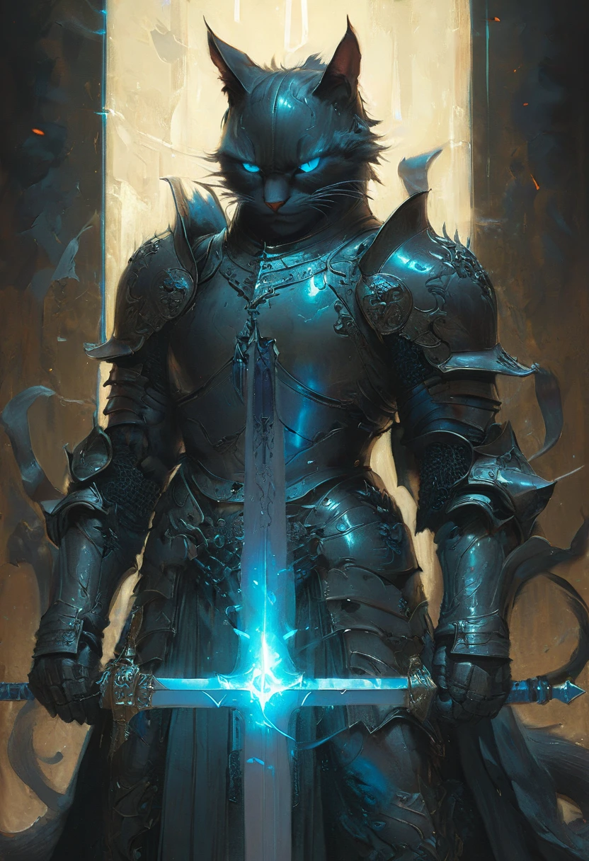 cat knight with cyan glowing eyes, (anthropomorphic cat:1.4), ethereal, angry, dynamic pose, Movie Still, cover art, vertical symmetry, famous artwork by artgerm and guweiz, ninja, hkstyle, (masterpiece, best quality, perfect composition, very aesthetic, absurdres, ultra-detailed, intricate details, Professional, official art, Representative work:1.3)
