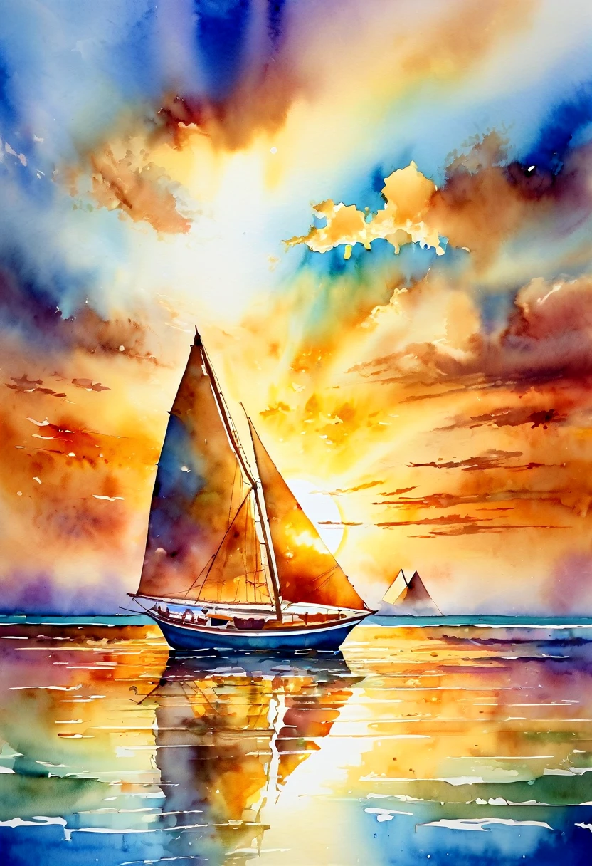 Watercolor painting sunset, high tide, golden sand, calm sea, colorful clouds, rays of light penetrating the clouds, in the reflection of light on the water, the sailing boat is a fish, the sea shines with bright colors. Vibrant, beautiful, pictorial, detailed, textural, artistic
On the beach, the Egyptian pyramids appear