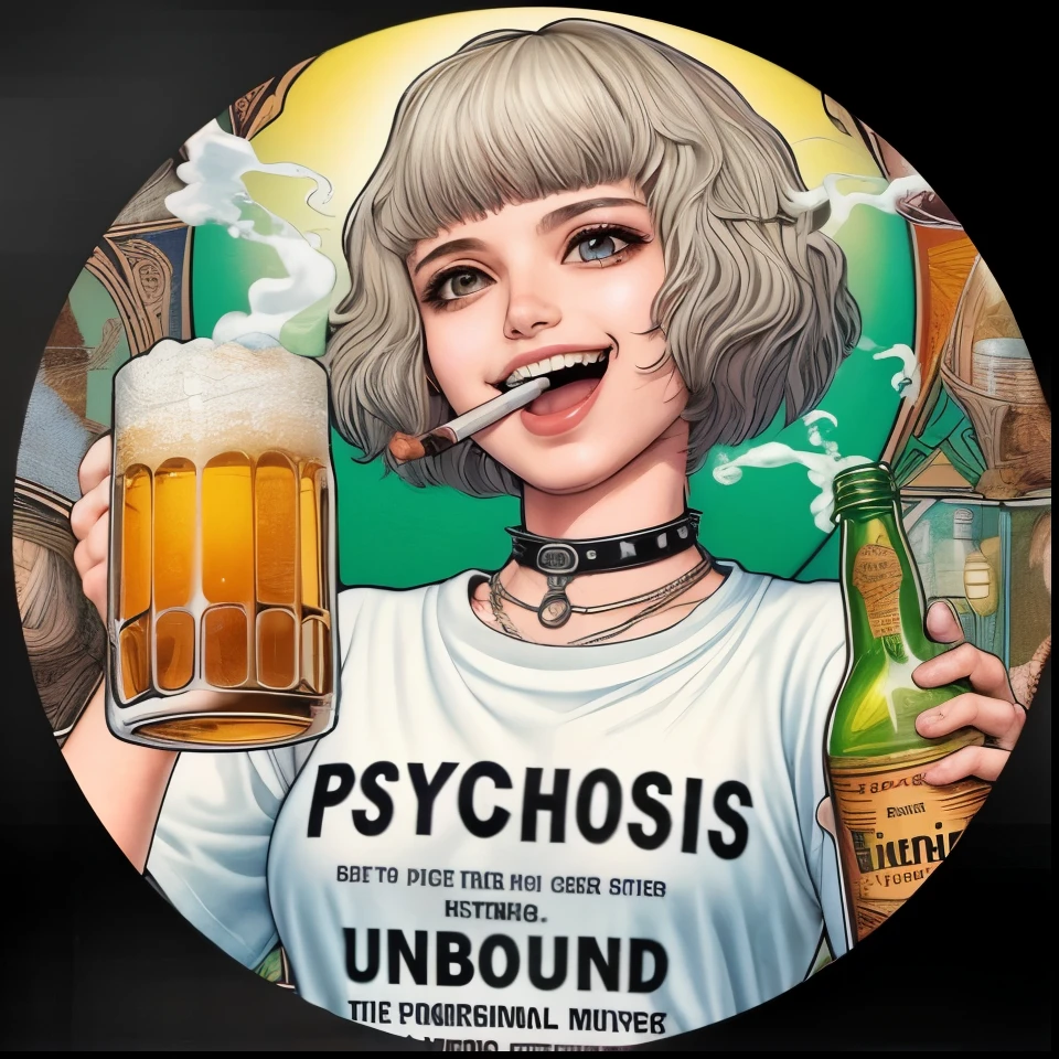 a foto de uma mulher segurando uma cerveja e um cigarro, psicopatasis, psicopatanaut universe, pscychodelic, Psychedelics, psicopatatropic psychedelic, psicopatalogic, psicopatatic, por Wayne Reynolds, by Inacio Zuloaga, por Yehia Dessouki, psychedelic lsd, psicodelia, psicopatakinetic girl, Psilocibina, psicopata