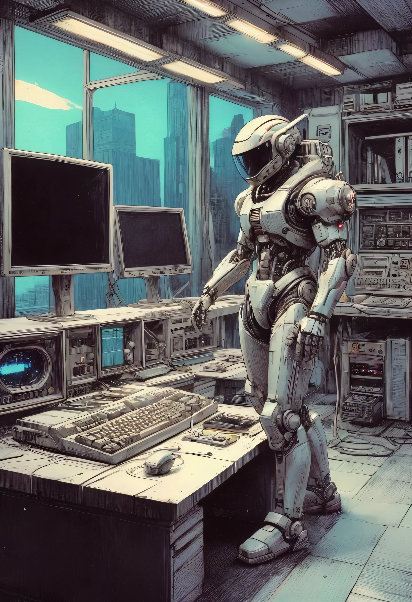 Davor steht ein Computertisch mit Monitor und Stuhl, futuristisches Interieur, futuristischer Raum, Retro-futuristische Wohnung, futuristischer Raum background, futuristisch aussehendes Wohnzimmer, futuristische Architekturkunst, Desktopographie, wissen - innerlich werden, Detaillierte futuristische Architektur, Beautiful 3D rendering, Origami-Studio-3-Design, gerendert in Lumion Pro, atemberaubendes 3D-Rendering