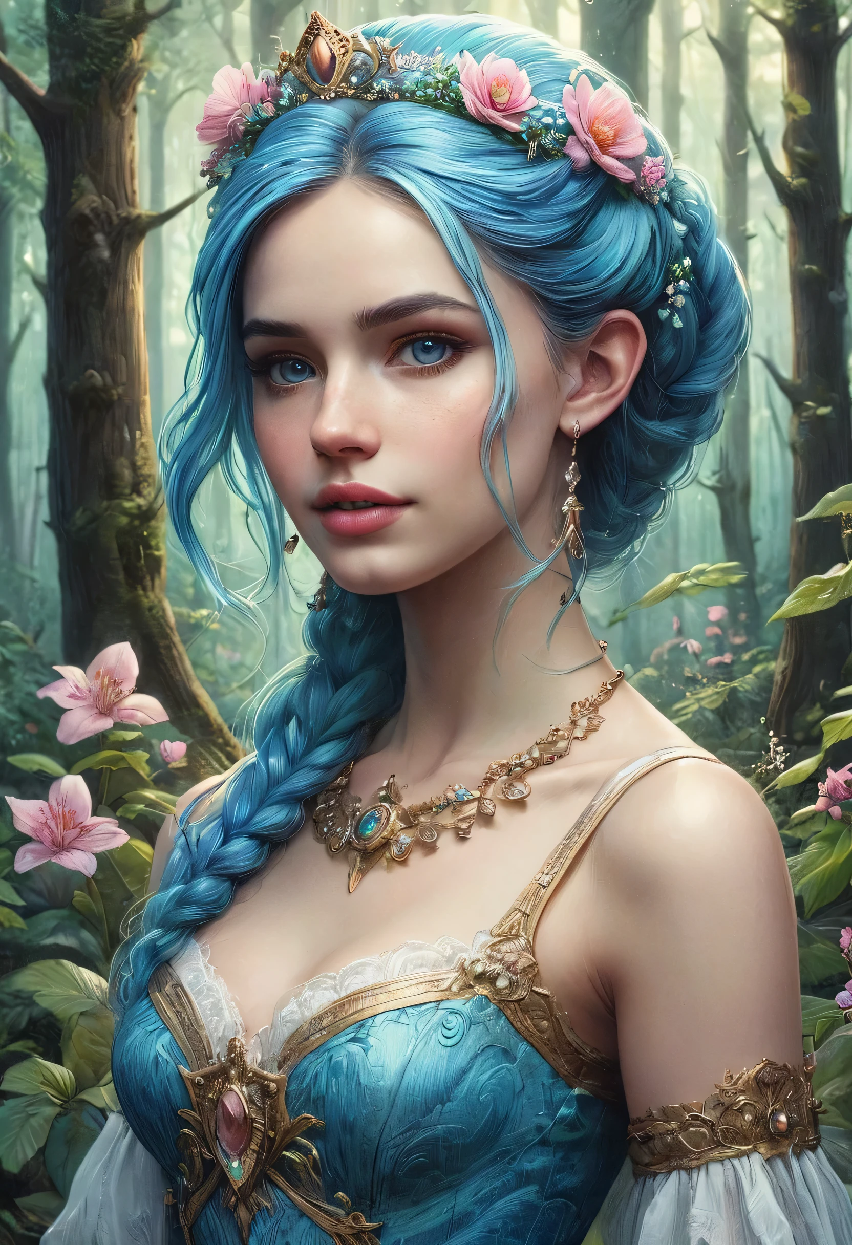 (Best quality),(Meisterwerk:1.2), (bunt:0.9), (Tintenspritzer),(Farbspritzer),((Aquarell)), Klarer, scharfer Fokus, Modelaufnahme,, (Portrait of the Goddess of Spring:1.5), sweet expression,elegant blue dyed hair, Beautiful, detailliertes Gesicht und Augen, Elegant goddess clothing, Spring forest background,, Farbwasser