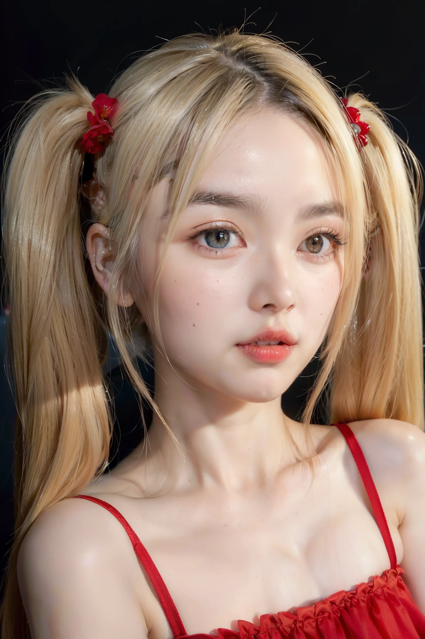(8k, 4k, best quality, highres, ultra high res:1.1), (masterpiece, realistic, photo-realistic:1.1), 1girl, face, close-up, twintails, blonde hair, black eyes, red lips, (looking at viewer:2), absurdly long hair, long eyelashes, eyeshadow, small face, big eyes,
bare shoulders,
high contrast,