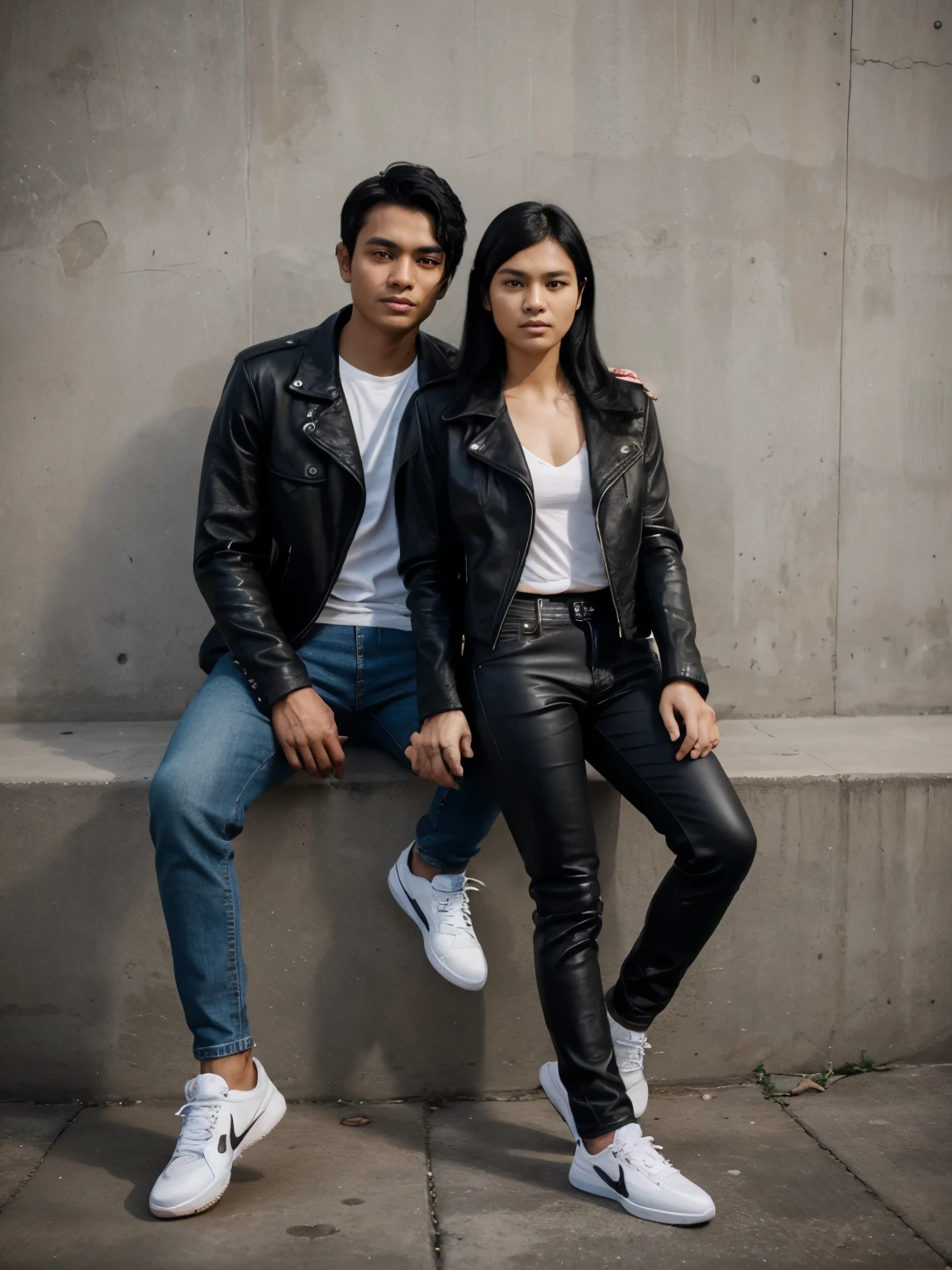 photoshoot of a young man from Indonesia black hair parted in the middle black jacket jeans Nike shoes with a young woman from Indonesia black hair leather jacket jeans Nike shoes