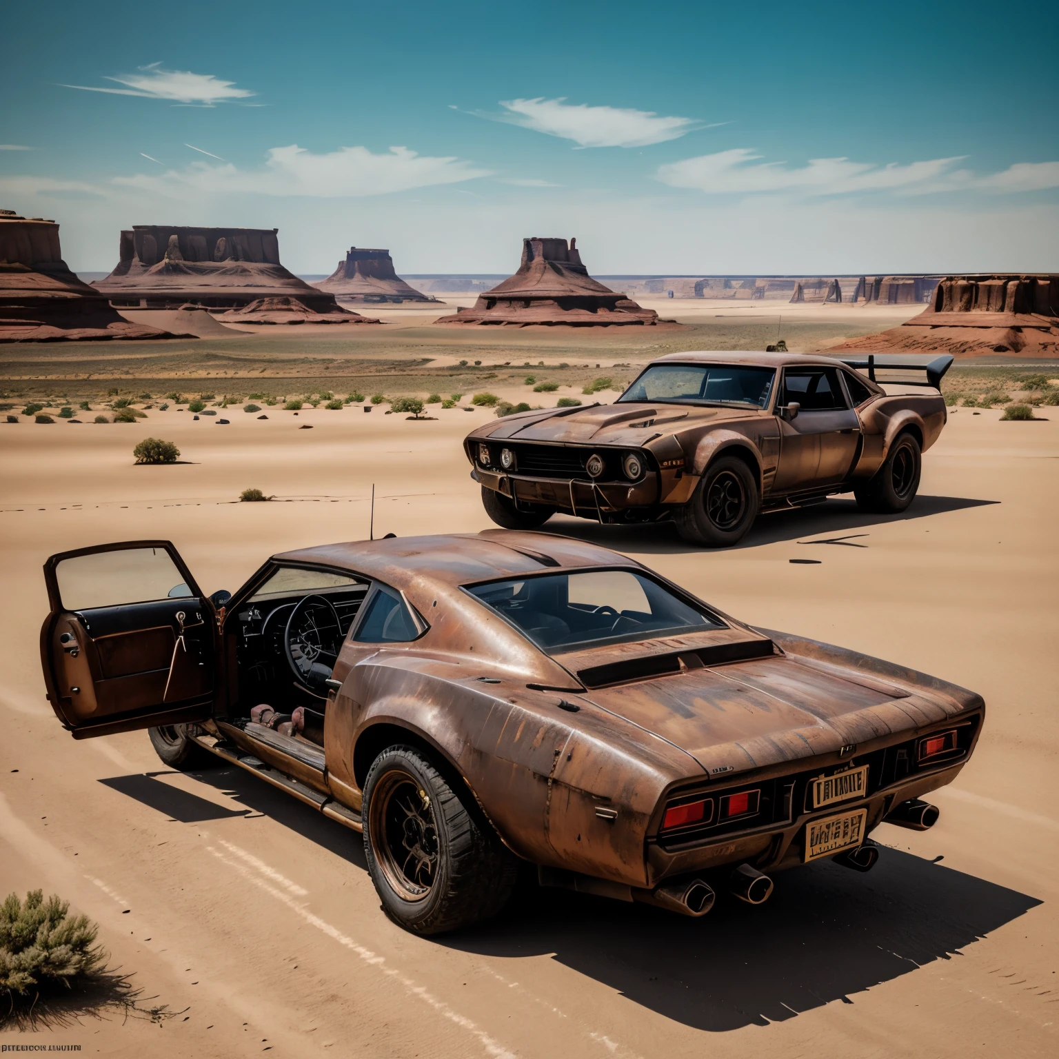 A Mad Max Auto Interceptor sitting atop a mesa, overlooking a surreal anduncertain landscape. The vehicle's rusty red body glistened under the sun, every detail visible in high definition. The engine hummed softly in the background, adding to the desolate atmosphere. The perspective was centralized, with a sharp focus on the Interceptor's intricate engine and detailed lines. The scene was lit with volumeric lighting, creating dramatic shadows and highlights. The harsh terrain extended beneath, stretching into the distance with a sense of mystery. This cinematic, high-quality image was captured with a Nikon camera and natural light, in 4k and highest definition. The .RAW file was