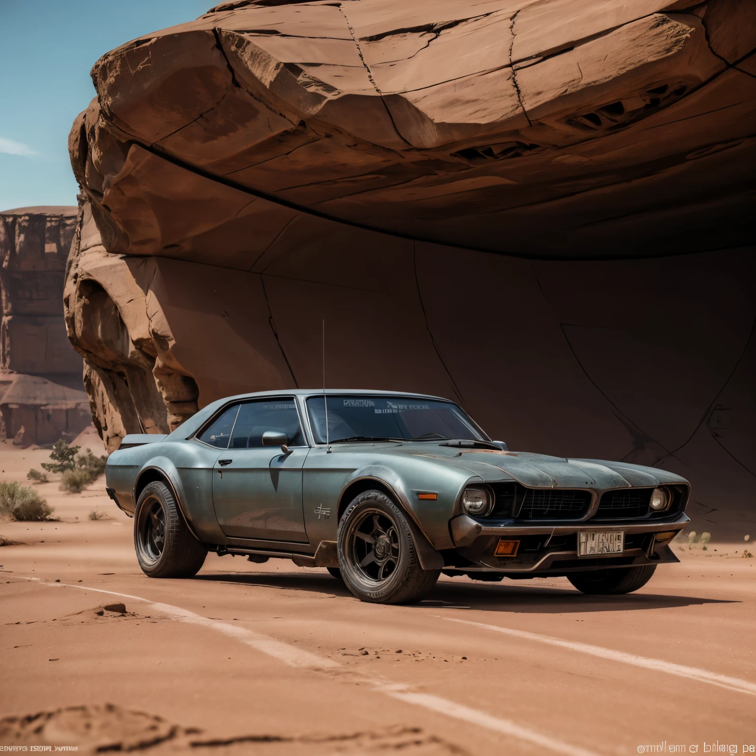 A Mad Max Auto Interceptor sitting atop a mesa, overlooking a surreal anduncertain landscape. The vehicle's rusty red body glistened under the sun, every detail visible in high definition. The engine hummed softly in the background, adding to the desolate atmosphere. The perspective was centralized, with a sharp focus on the Interceptor's intricate engine and detailed lines. The scene was lit with volumeric lighting, creating dramatic shadows and highlights. The harsh terrain extended beneath, stretching into the distance with a sense of mystery. This cinematic, high-quality image was captured with a Nikon camera and natural light, in 4k and highest definition. The .RAW file was