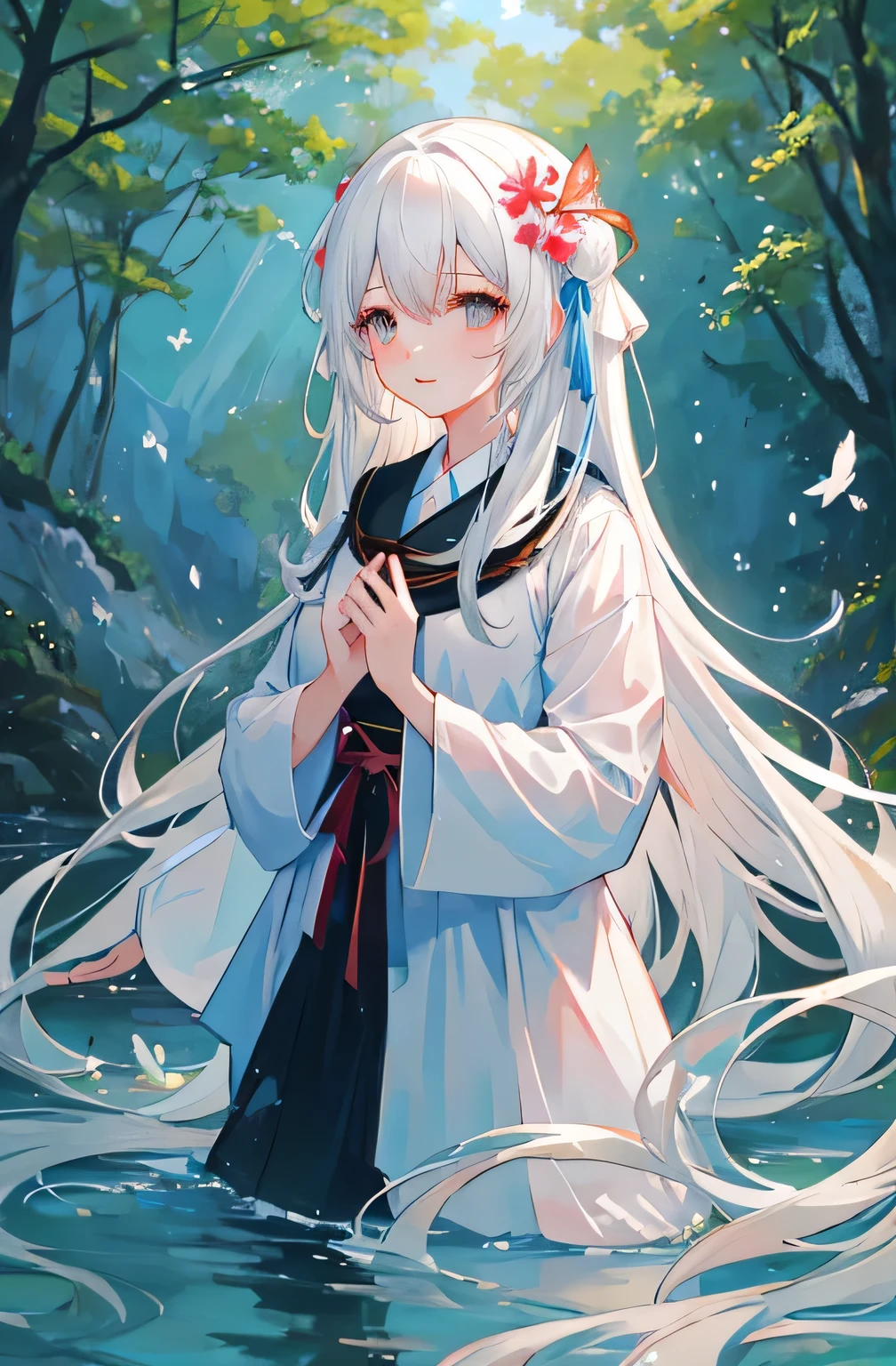 ((​Masterpiece)), ((top quality)),Long-haired girl in the forest,wearing a robe,Stand by the stream,he crosses his arms，Make a decisive gesture,The clear mountain spring is under the girl&#39;s magic control，Tumbling。,A huge water ball surrounds the girl，Brightly colored flying fish leap out of the water,The nightingale in the tree was also frightened,Pink flowers on branches falling in the wind,mystery、unparalleled views、Stunning digital drawing，white hair