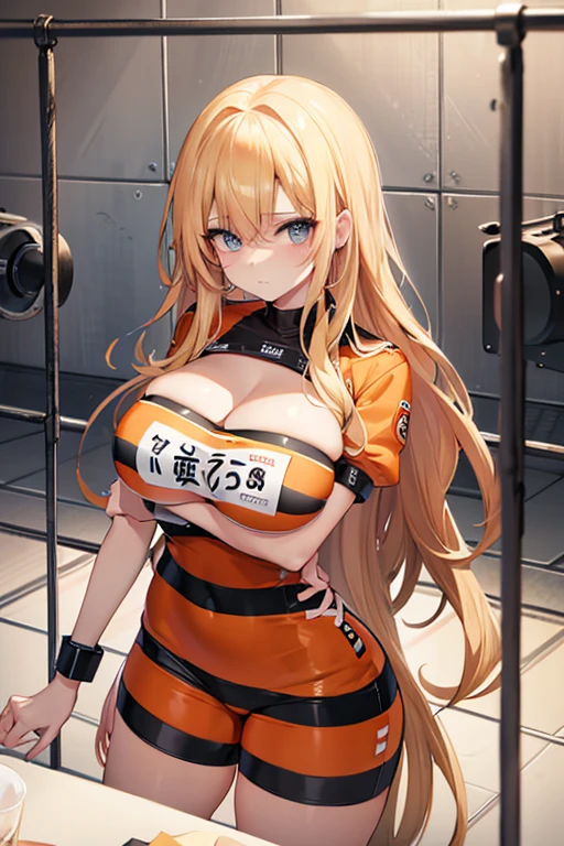 Mugshot, looking at viewer, behind bars, huge breast, prisoner, orange Prison jumpsuit, jail cell, locked up, blonde hair, long hair, dominated, prisoned, jailed, jail cell