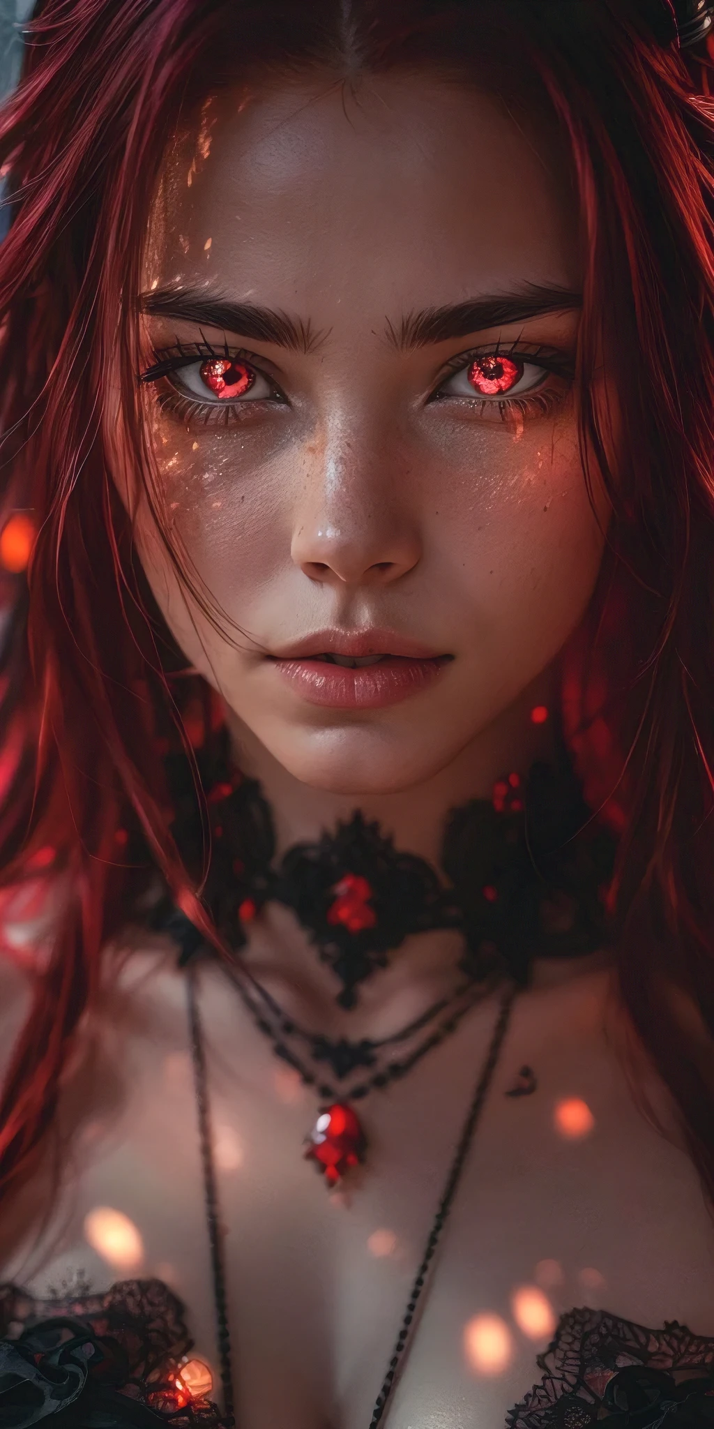 (best quality,4k,8k,highres,masterpiece:1.2),ultra-detailed,(realistic,photorealistic,photo-realistic:1.37),closeup photo of Gothic woman with oversized expressive pink eyes, gothic facial tattoos, gothic baroque jewelry. long glowing Black and red firey hair in the style of Nezuko. Natural light, Bokeh, Angus McBean