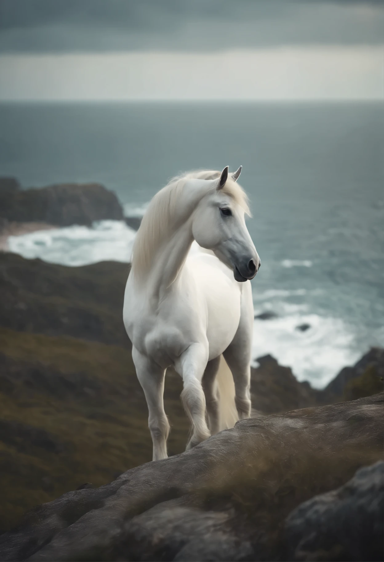 Masterpiece, realistic, a white Unicorn with long poytail standing on a cliff, realistic ocean in the background