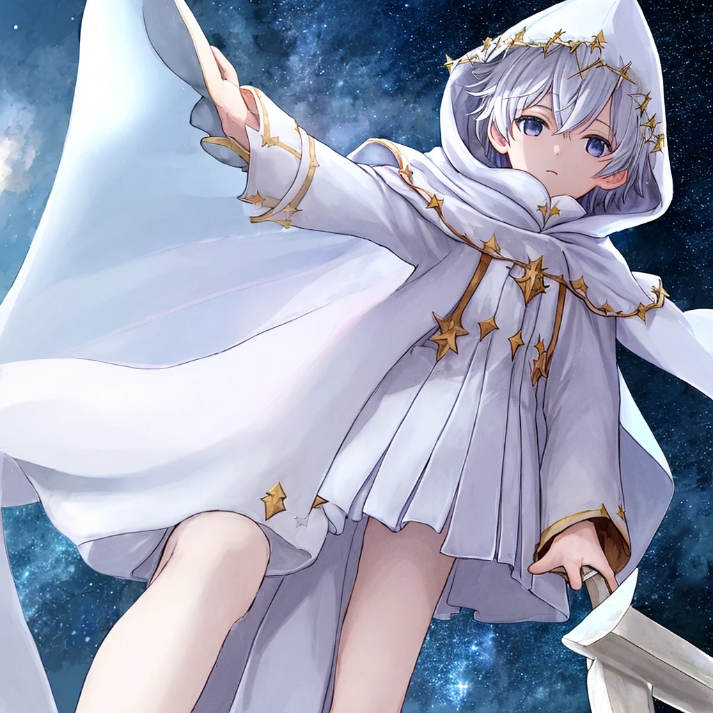 boy, starry sky, white cloak