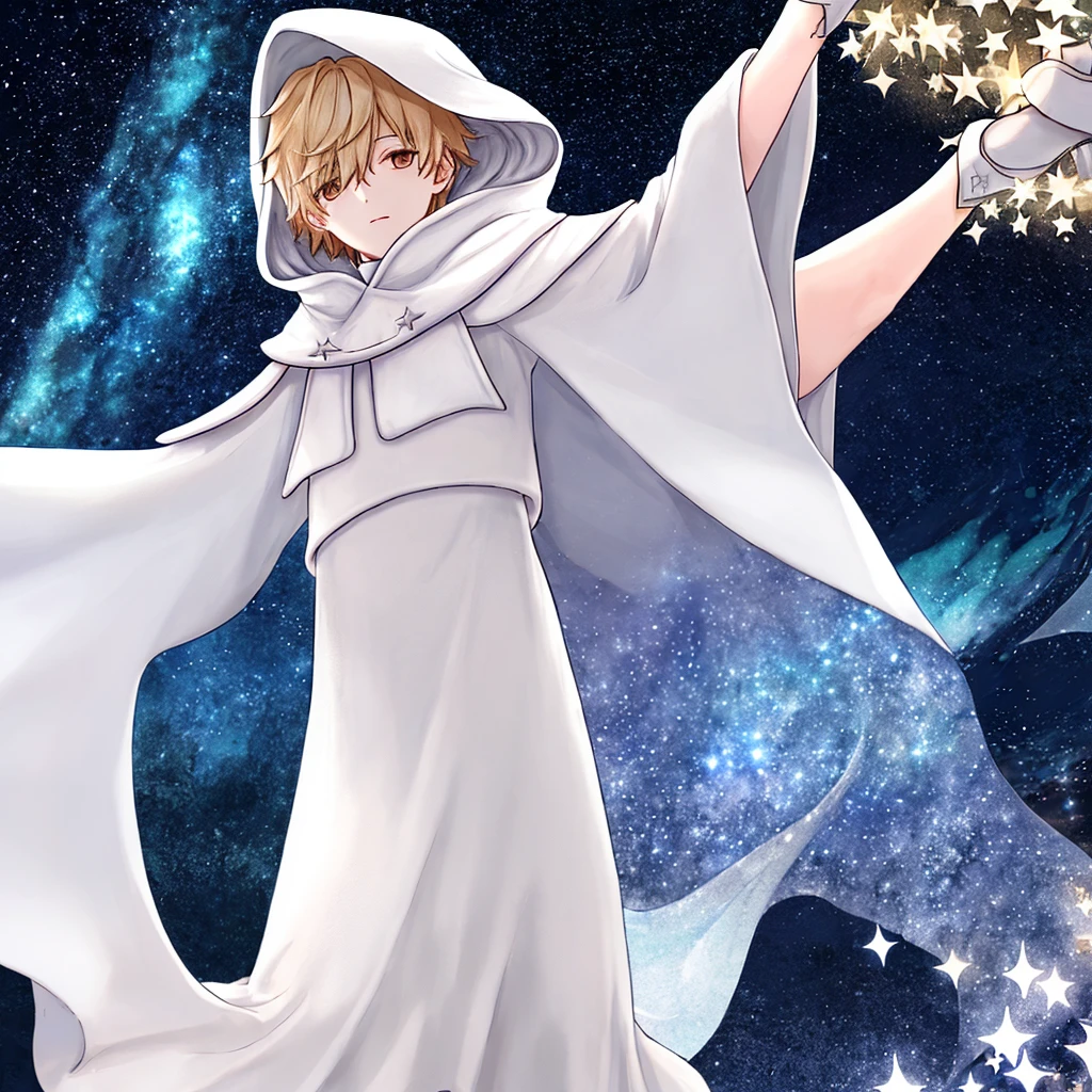 boy, starry sky, white cloak