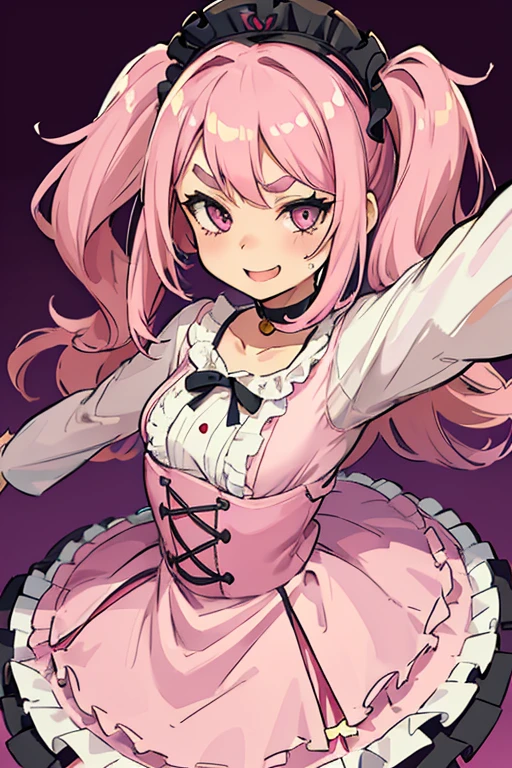 Girl with pink hair, long double-tailed hairstyle, ((small pink bushy eyebrows)), wearing lolita clothing, shorts, marked vagina, lolicon (Zankuro) drawing style by zankuro artist, Zancro style, image uploaded to R34, flirty smile, take a selfie from below, close-up, (( showing pubes ))