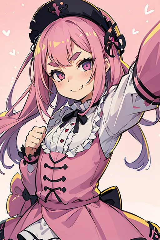 Girl with pink hair, long double-tailed hairstyle, ((small pink bushy eyebrows)), wearing lolita clothing, , lolicon (Zankuro) drawing style by zankuro artist, Zancro style, image uploaded to R34, flirty smile, take a selfie, close-up, showing one breast outside the shirt, face very close to the camera, moan and drool) happy face wavy smile , showing pubis