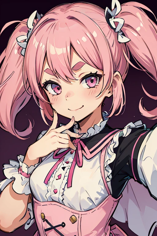 Girl with pink hair, long double-tailed hairstyle, ((small pink bushy eyebrows)), wearing ta clothing, , loli(Zankuro) drawing style by zankuro artist, Zancro style, image uploaded to R34, flirty smile, take a selfie, close-up, showing one breast outside the shirt, face very close to the camera, moan and drool) happy face wavy smile , showing pubis
