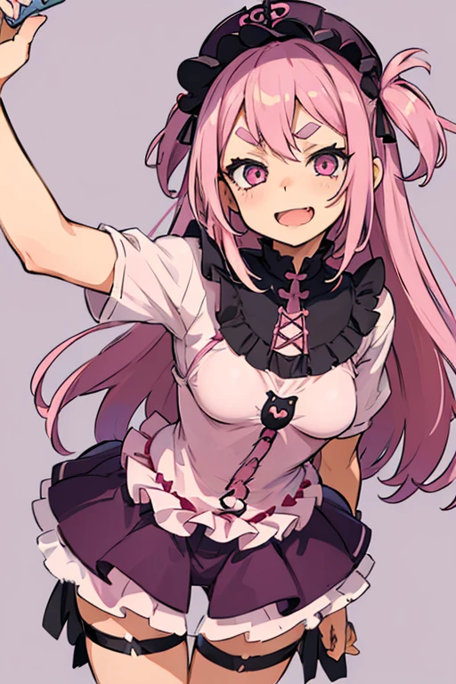 masterpiece, best qualityï¼ 1girl, solo, kanroji\(Demon_slayer\), long_hair, horns, pink_hair, pantyhose, breasts, hairband, smile, looking_at_viewer, black_pantyhose, medium_breasts, white_hairband, simple_background, arms_behind_head, arms_up,  dress, closed_mouth, demon slayer uniform, kanroji hashira