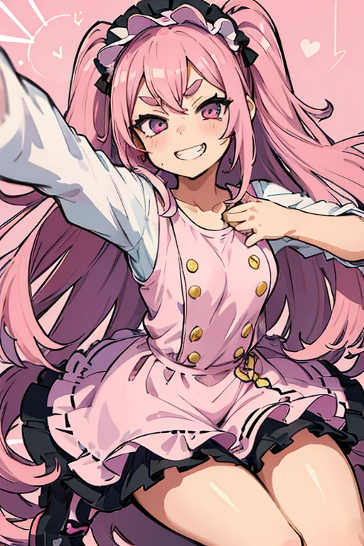 Girl with pink hair, long double-tailed hairstyle, ((small pink bushy eyebrows)), wearing lolita clothing, shorts, marked vagina, lolicon (Zankuro) drawing style by zankuro artist, Zancro style, image uploaded to R34, flirty smile, take a selfie, close-up, ((showing a breast outside the shirt)), (squeezing a breast with her hand) face very close to the camera, moan and drool) happy face cheeky smile