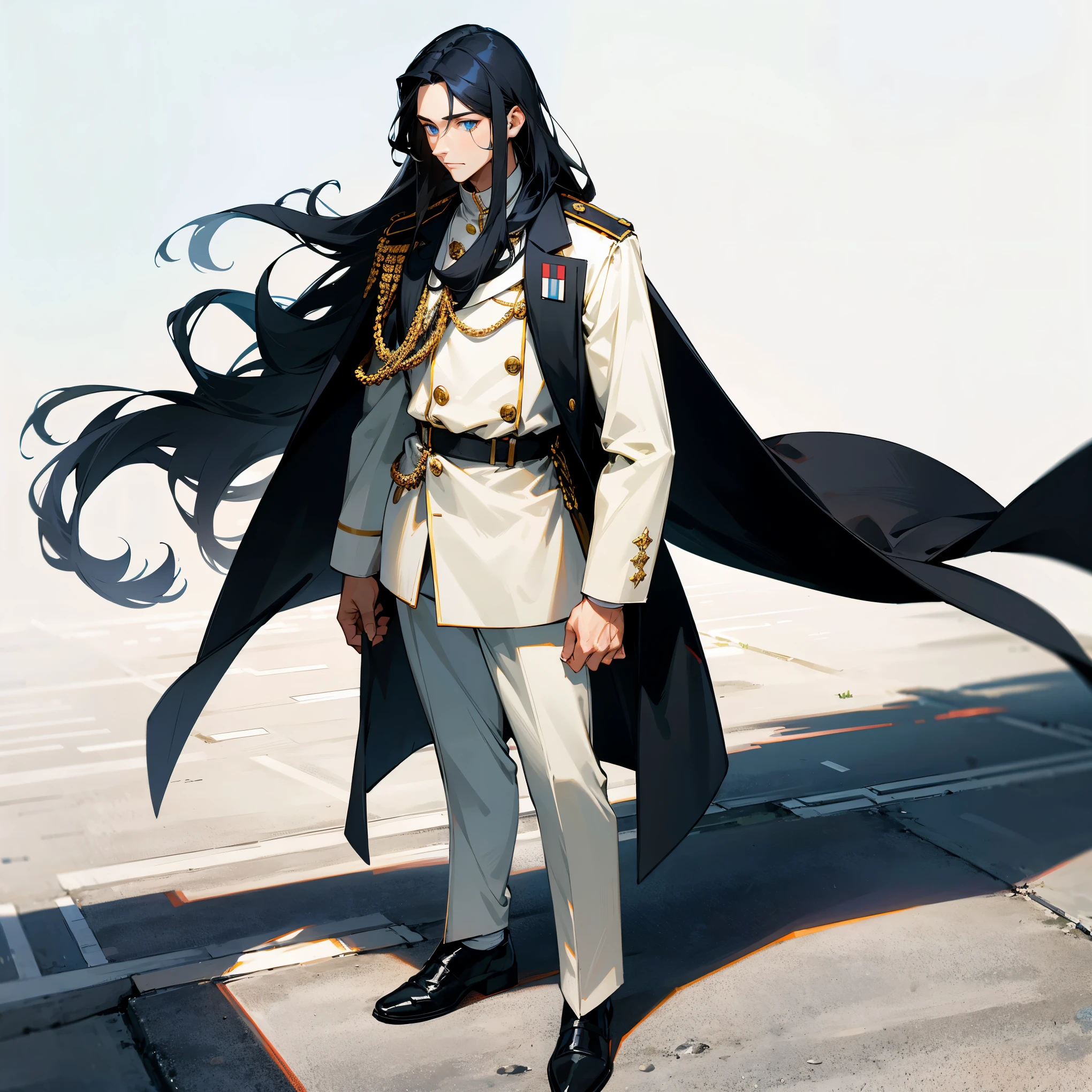 1male , long Hair , Black hair , Blue Eyes , Standing on sidewalk , White Military Officer clothing