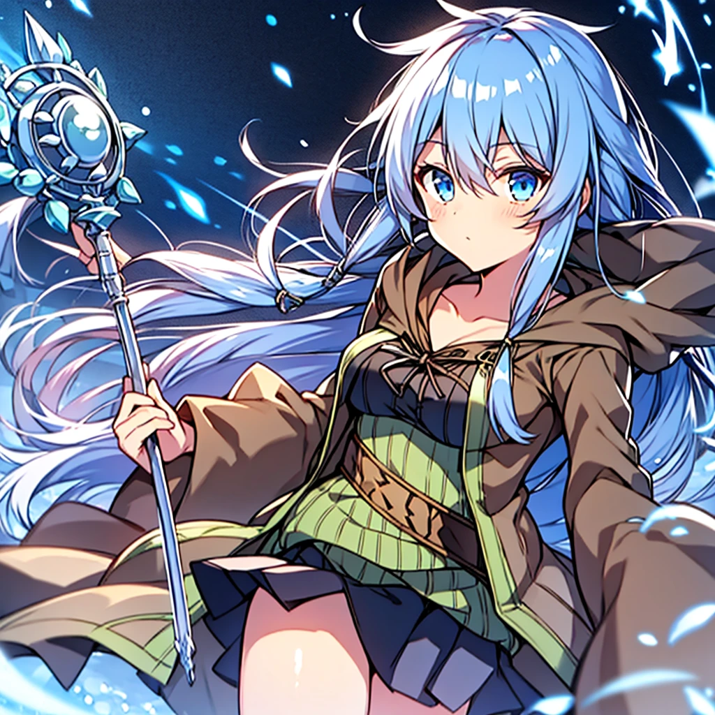 masterpiece, best quality, ultra high quality cg, eria ygo, 1girl, solo, long hair, looking at viewer, skirt, shirt, long sleeves, holding, hair between eyes, medium breasts, closed mouth, collarbone, cowboy shot, pleated skirt, open clothes, dark witch character, hood, wide sleeves, black skirt, blue background, hood down, staff, robe, green shirt, holding staff, duel monster, ribbed shirt, open robe, hooded robe, dark robed witch