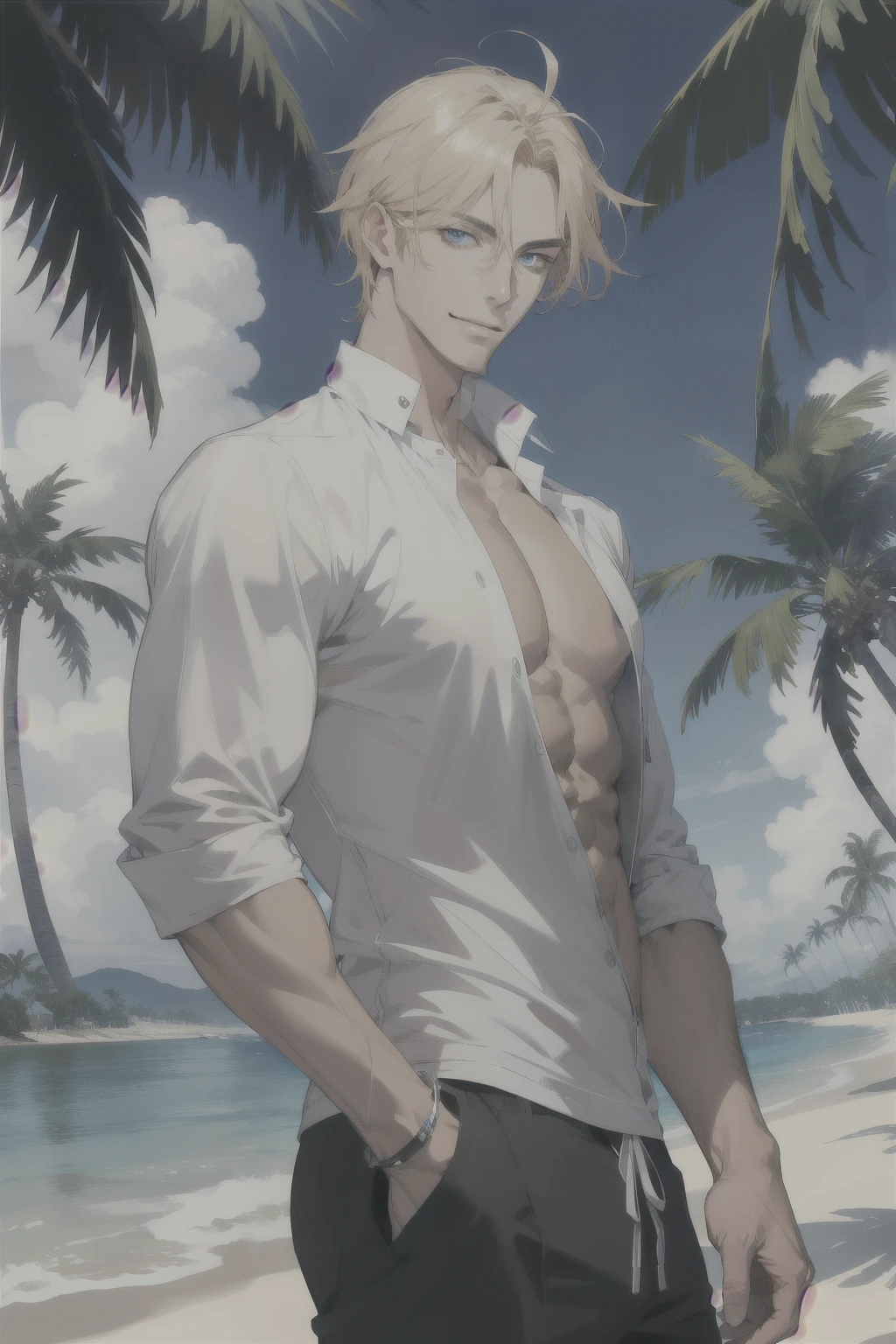 (absurdres, highres, ultra detailed), 1 male, adult, handsome, tall muscular guy, broad shoulders, finely detailed eyes and detailed face, casual clothes, Beach, palm tree, smile, dutch angle, from side, wavy blonde hair