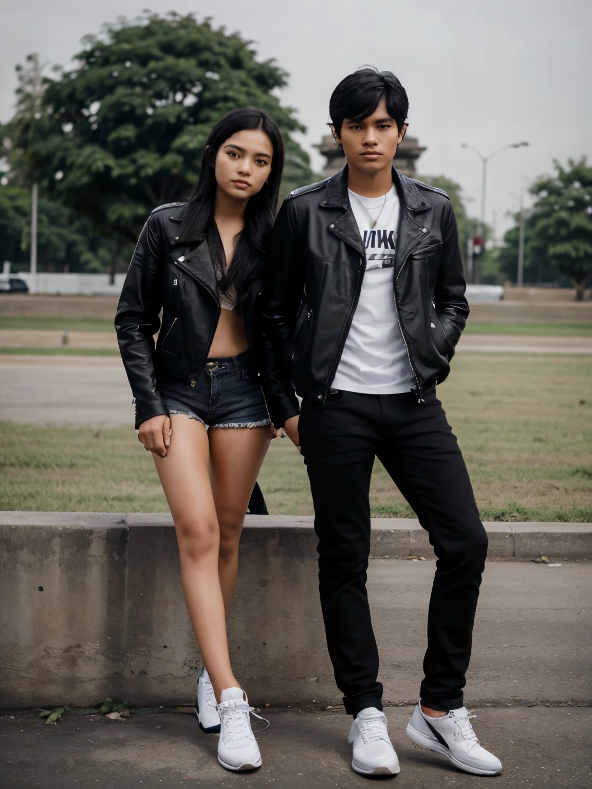 photoshoot of a young man from Indonesia black hair parted in the middle black jacket jeans Nike shoes with a young woman from Indonesia black hair leather jacket jeans Nike shoes