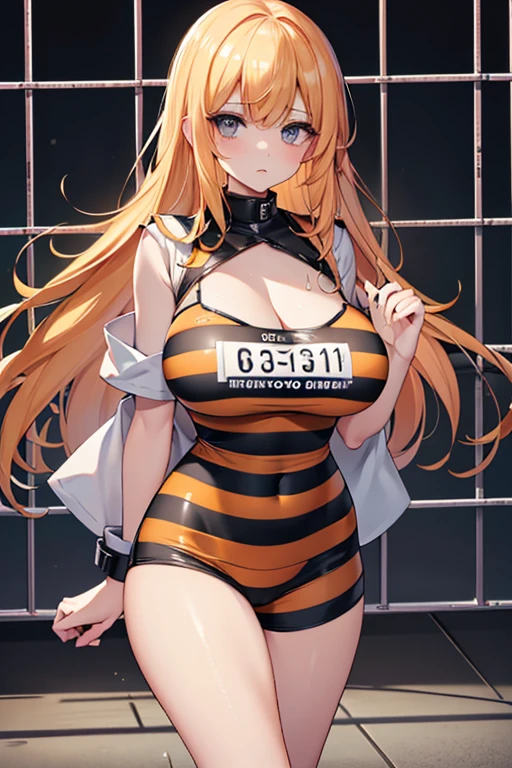 Mugshot, looking at viewer, behind bars, huge breast, prisoner, orange Prison jumpsuit, jail cell, locked up, blonde hair, long hair, dominated, prisoned, jailed, jail cell