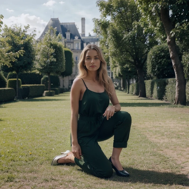 Femme, French, 30 ans, blonde, wear a green jumpsuit with straps, (chaussures, des ballerines noir avec un petit neu), jardin de ville, printemps, fleurie, deux jambes, deux pieds, ultrarealistic, vue d'ensemble, full view, soleil