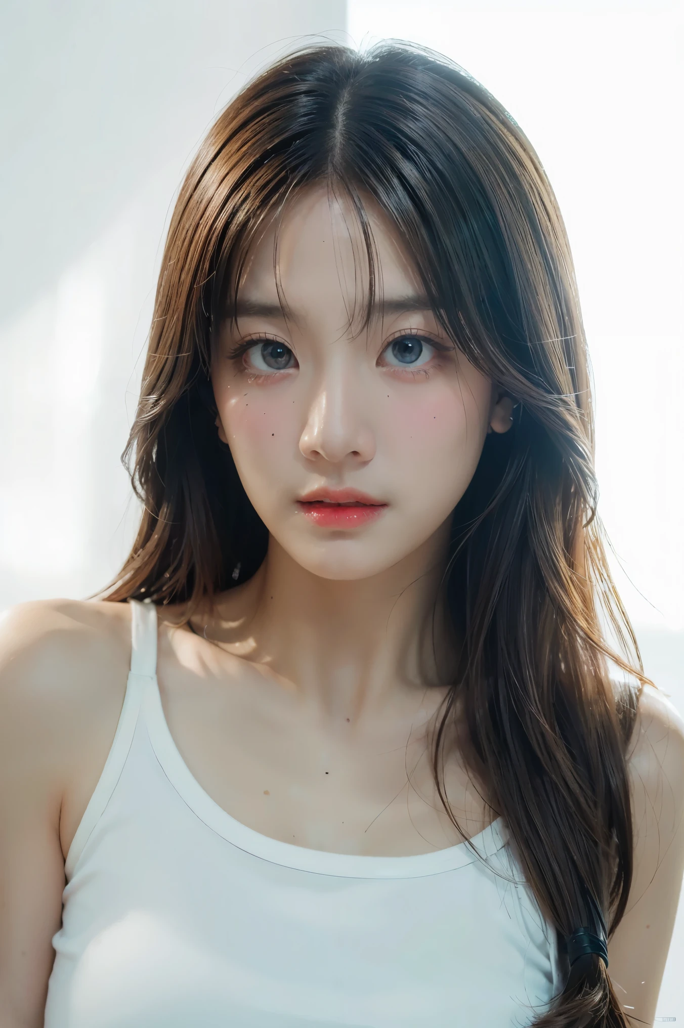 1girl, long hair, White top, (white background:1.2), from front, standing, (soft lighting:1.2), shot on Canon EOS 5D, BREAK
(upper body:1.2), , best quality, ultra high res, (photorealistic:1.4), masterpiece, real-life skin, hyper real, perspective, detailed beautiful eyes and detailed face,