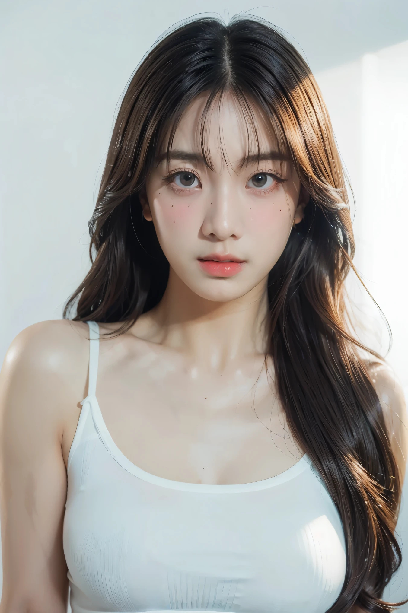 1girl, long hair, White top, (white background:1.2), from front, standing, (soft lighting:1.2), shot on Canon EOS 5D, BREAK
(upper body:1.2), , best quality, ultra high res, (photorealistic:1.4), masterpiece, real-life skin, hyper real, perspective, detailed beautiful eyes and detailed face,   