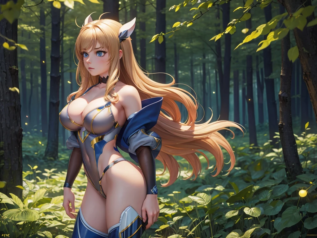 1 girl, full body, magical night forest scene, fireflies everywhere, training, best quality, masterpiece, (art, high quality, best quality, 4K, 8k, 16k, high resolution, absurd: 1, 2), sensual, (masterpiece), best quality, expressive eyes, perfect face, onizaki kirara, see-through thong leotard,