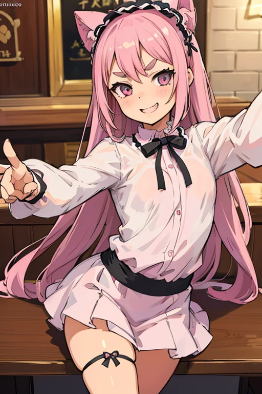 Girl with pink hair, long double-tailed hairstyle, ((small pink bushy eyebrows)), wearing lolita clothing, , lolicon (Zankuro) drawing style by zankuro artist, Zancro style, image uploaded to R34, flirty smile, take a selfie, close-up, showing one breast outside the shirt, face very close to the camera, moan and drool) happy face wavy smile , showing pubis, in restaurant