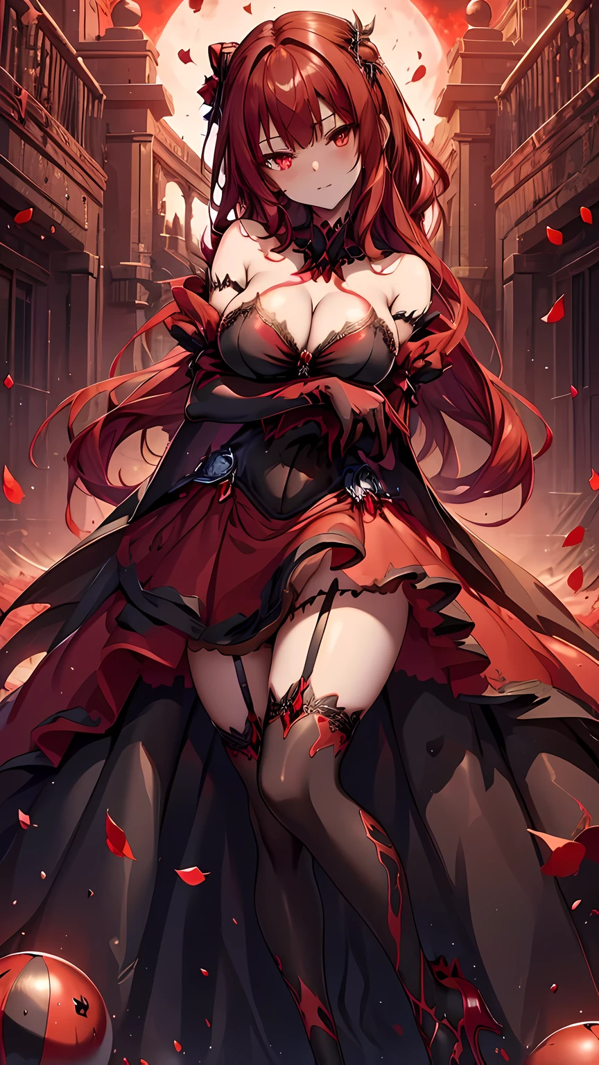 (masterpiece), best quality, expressive eyes, perfect face, elesis_elsword, bare shoulders, black gloves,(big breasts:1.3),cleavage,(red and black intricate ball gown :1.4),garter belt,asymmetrical leg wear, red moon scenery,rose petals in the air,(night:1.1),sexy pose,bewitching pose,standing,head tilt,cowboy shot,red hair