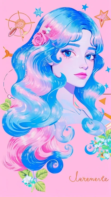 The image features a female character illustration with stylized strokes and pastel color. The character has long, wavy hair., colored in pale pink and pale blue, qui semblent être une couleur de cheveux artificielle ou une couleur de cheveux de personnage de jeu vidéo. Elle a des yeux grands et brillants, with long eyelashes and detailed eyelids. Le personnage porte une combinaison de couleur pastel, avec des tons de rose et de bleu, qui semblent être des vêtements ou des armures futuristes. The background of the image is an alien scene with stars and planets, suggérant un environnement spatial ou une scène de science-fiction. The style of the image is very detailed and colorful, avec une attention particulière à la texture et à la lumière.