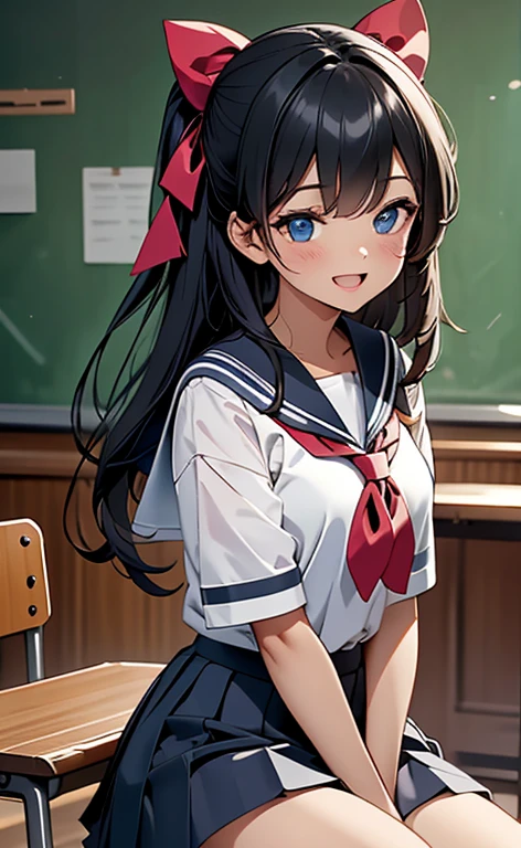 ((​masterpiece、top-quality:1.5、a high chroma:1.5、ultra-detailliert、high-resolution illustrations:1.5、Ultra-high-definition CG、8k size wallpaper、offcial art))、(portrait,cowboy shot)、(1girl),Open mouth happy smile,cute face,
,(sitting),
,(sexy body),(sailor uniform,mini skirt),(long black hair), (medium breasts)、
(hair ribbon)、classroom,JK