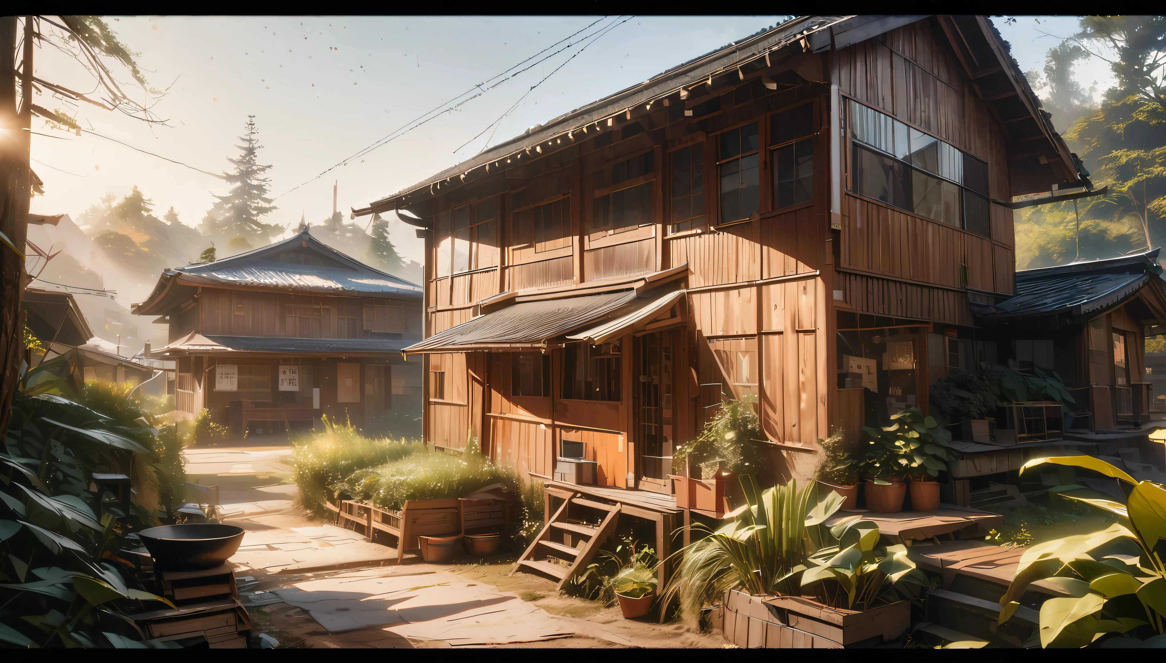 A little Japanese town, private house, a little garden with crops growing, noon, bright sun, atmosphere of suspicion, sand in the air, big house near the garden, surrounded by fence (best quality, 4k, highres, masterpiece:1.2), ultra-detailed, (realistic, photorealistic, photo-realistic:1.37), HDR, UHD, studio lighting, extreme detail description, professional, vivid colors, bokeh, portraits, landscape, horror, anime, sci-fi, photography, concept artists, warm color tones, soft lighting.