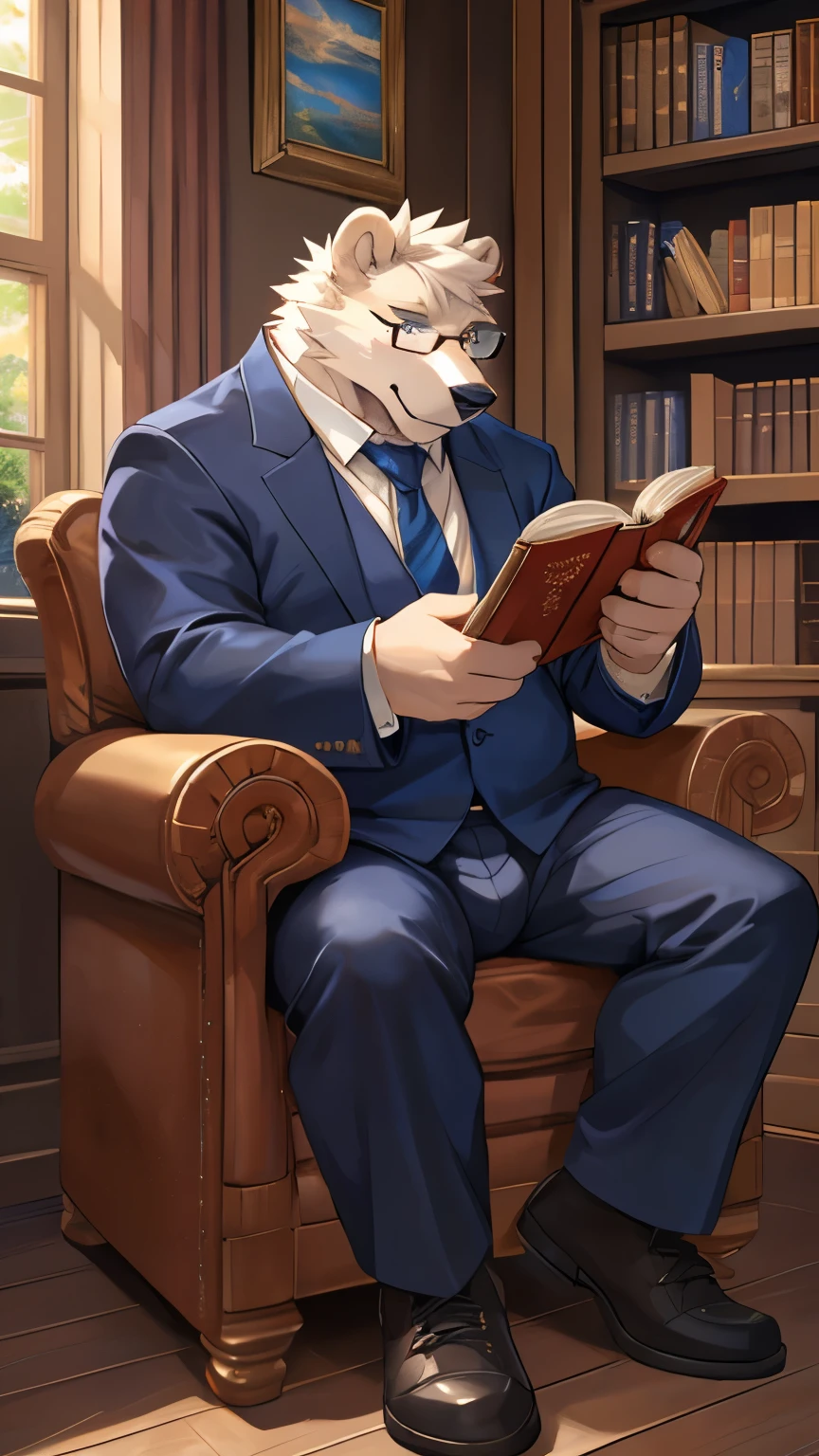 On e621, High resolution, 8k, Masterpiece, Official art, Cygames, Shadowverse, Ultra details, Art by Takemoto Arashi, Art by DASAGI, Art by Chunie, Art by Personalami, kemono, solo, ((antro)), mammal, male, polar bear, ursine, (white body), white fur, humanoid hand, humanoid genitalia, blush, overweight, chubby, black nose, black short hair, full body, Black glasses, Navy blue shirt, Dark blue suit, light brown Slacks, Brown leather Court shoes, white necktie, Background is bookshelf and windows, blue eyes, detailed background, sitting nearby bookshelf, reading a book in hand