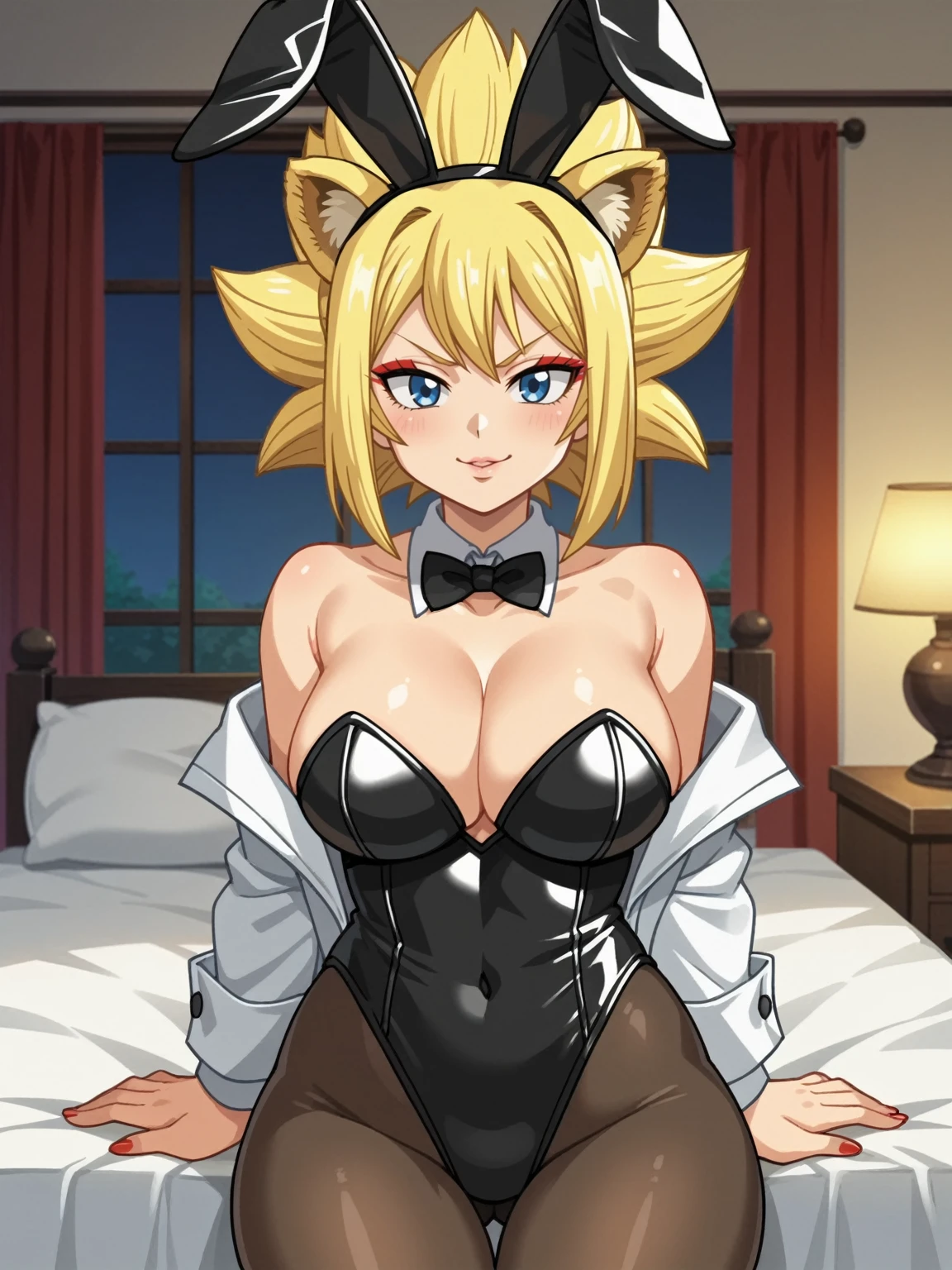 Score_9, score_8_up, score_7_up, source_anime, fine anime screencap_xl, anime_screencap, BREAK, kohaku, dr stone, blonde hair, doctor stone, indoors, bedroom, latex, fake bunny ears, bunny suit, solo, closeup, face closeup, dark, night, prostitute, prostitution, hooker, red eyeshadow, blue eyes, smacking lips, lioness. Furry, lion girl, big tits