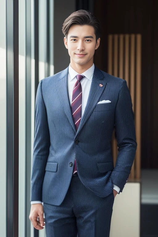 striped brown suit、　30-year-old handsome employee、Hair is neat.No short beard.no beard.　（Super handsome S-class suit guy）、　Japanese 30-year-old man、　merchant、　Ultra-luxury set、　office、　Stand up in a suitＳyoung handsome man、　Full body image、　（CG Unity 8K high-detail photos）、　（a very detailedＳThe handsome guy in the class）、　（Photos are real）、　　（（top quality））、　Super detailed、　（​Masterpiece）、　Ultra high quality、　High、　audience、　gentleman、　very beautiful hair、　short hair、　bright photos、　As handsome as a model、　As handsome as an idol、　Luxury watches、　Eyes balanced looking at the audience with a slight smile