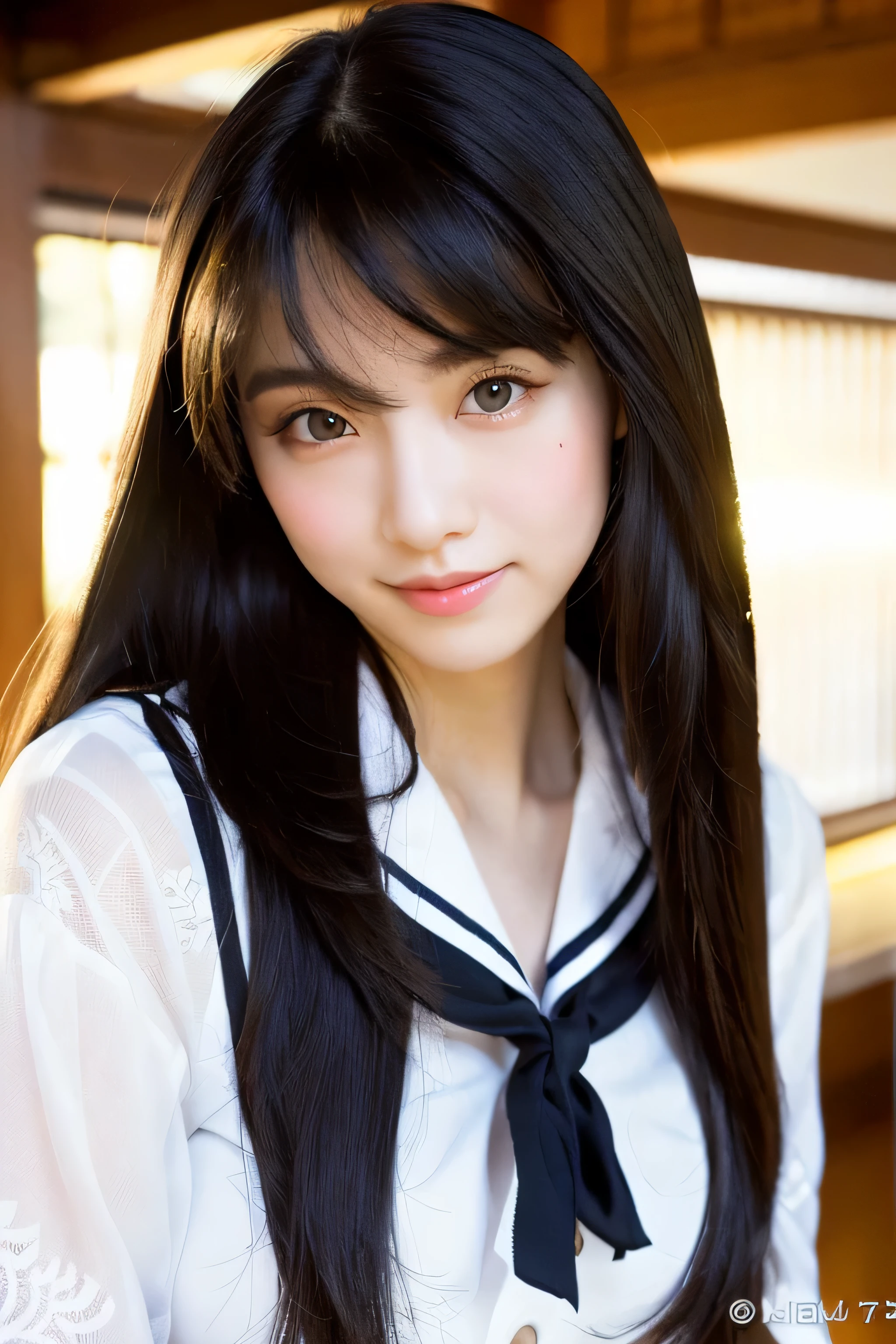 ((Extra Long Hair:1.5)) (((Full body photography))) ((Black lace-up shoes)) ((highest quality)), ((masterpiece)), (be familiar with) perfect beautiful face (The most beautiful 18-year-old Japanese high school girl) (The bangs are neatly cut and trimmed.) ((very big breasts)) beautifull detailed face 8K (Ultra-fine skin texture 1.4) (actual, lively:1.4), double eyelid sharp focus:1.2、Beautiful woman:1.4 The whole body is super fine々New skin texture ((She has perfect, clear, fair skin. She has perfect professional makeup)) Unique Japanese face lipstick is bright red Japanese body type ((Amused Smile)) Here I am standing facing the camera in an empty classroom in the morning. She is wearing a cute sailor uniform
